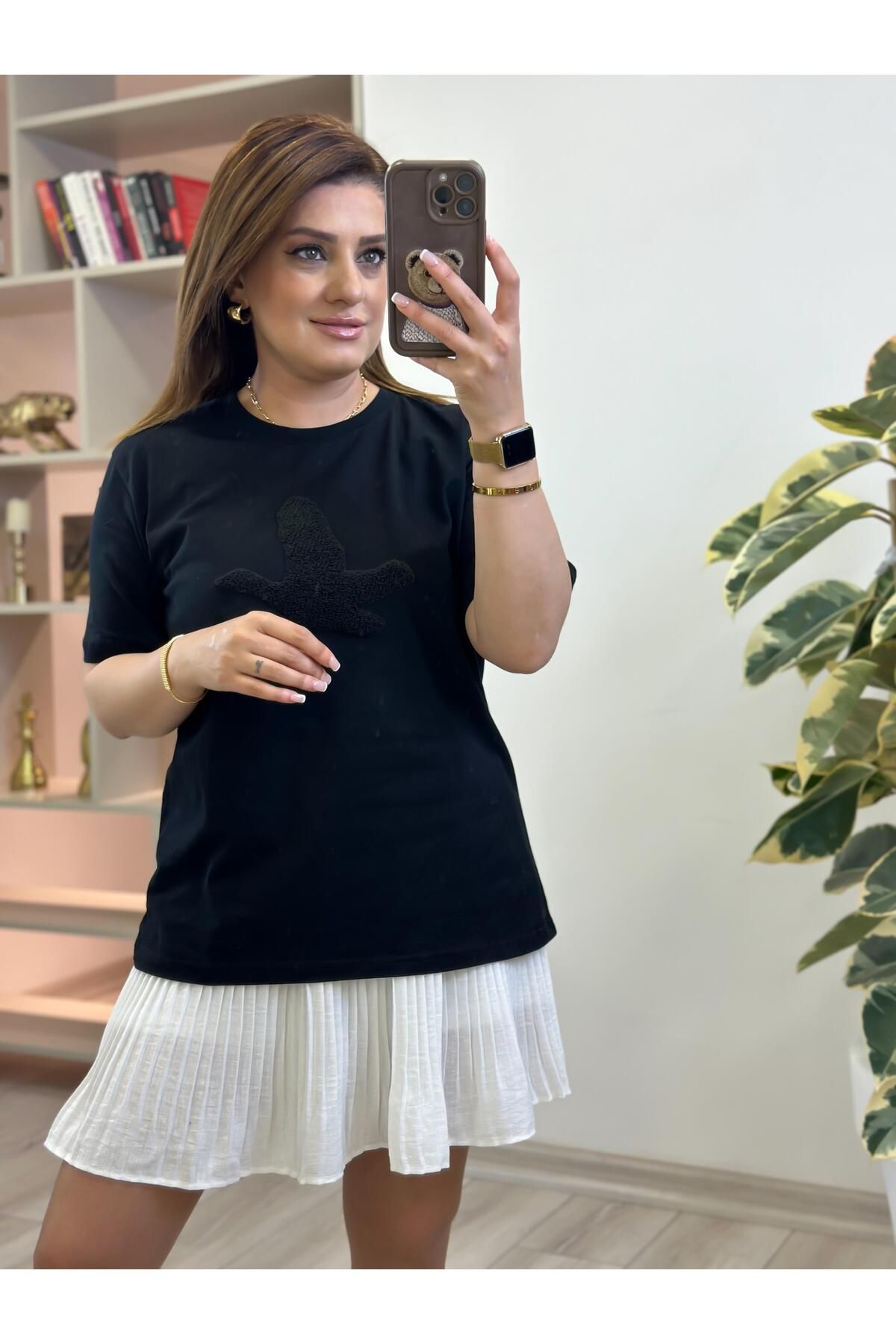 MELTEM TUĞAN Kuş Kabartma Dokulu Tshirt SİYAH