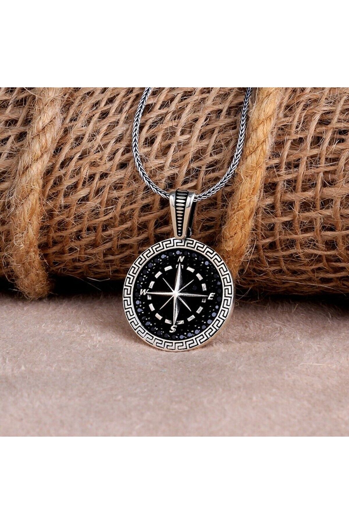 shop Mikro Taşlı Pusula 925 Ayar Gümüş Erkek kolye