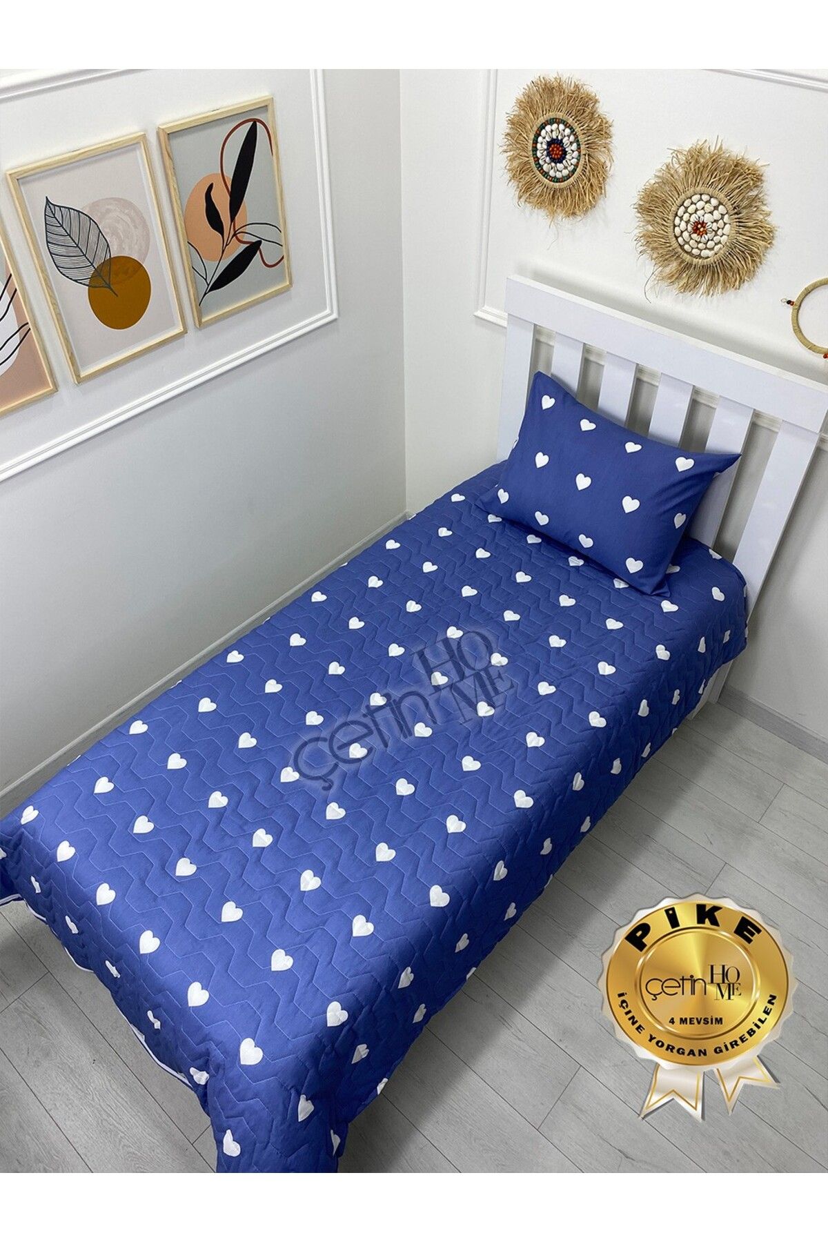 Çetinhome Çetinhome Tek Kişilik Kapitone Pike Seti 4 Mevsim Blue Kalp