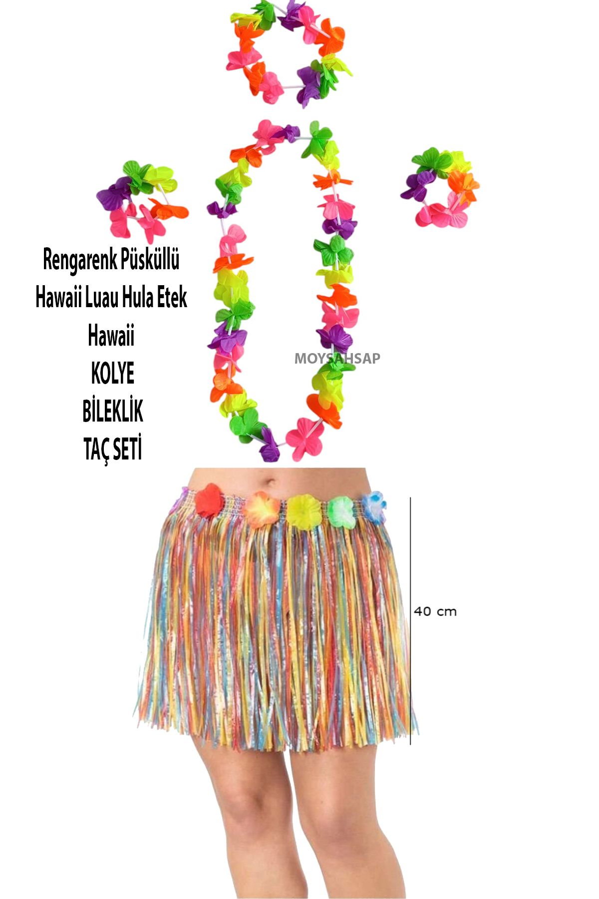 moysahsap party&ahşap Hawaii Luau Hula Yetişkin Ve Çocuk Uyumlu Renkli Etek 40 Cm ve hawaii seti