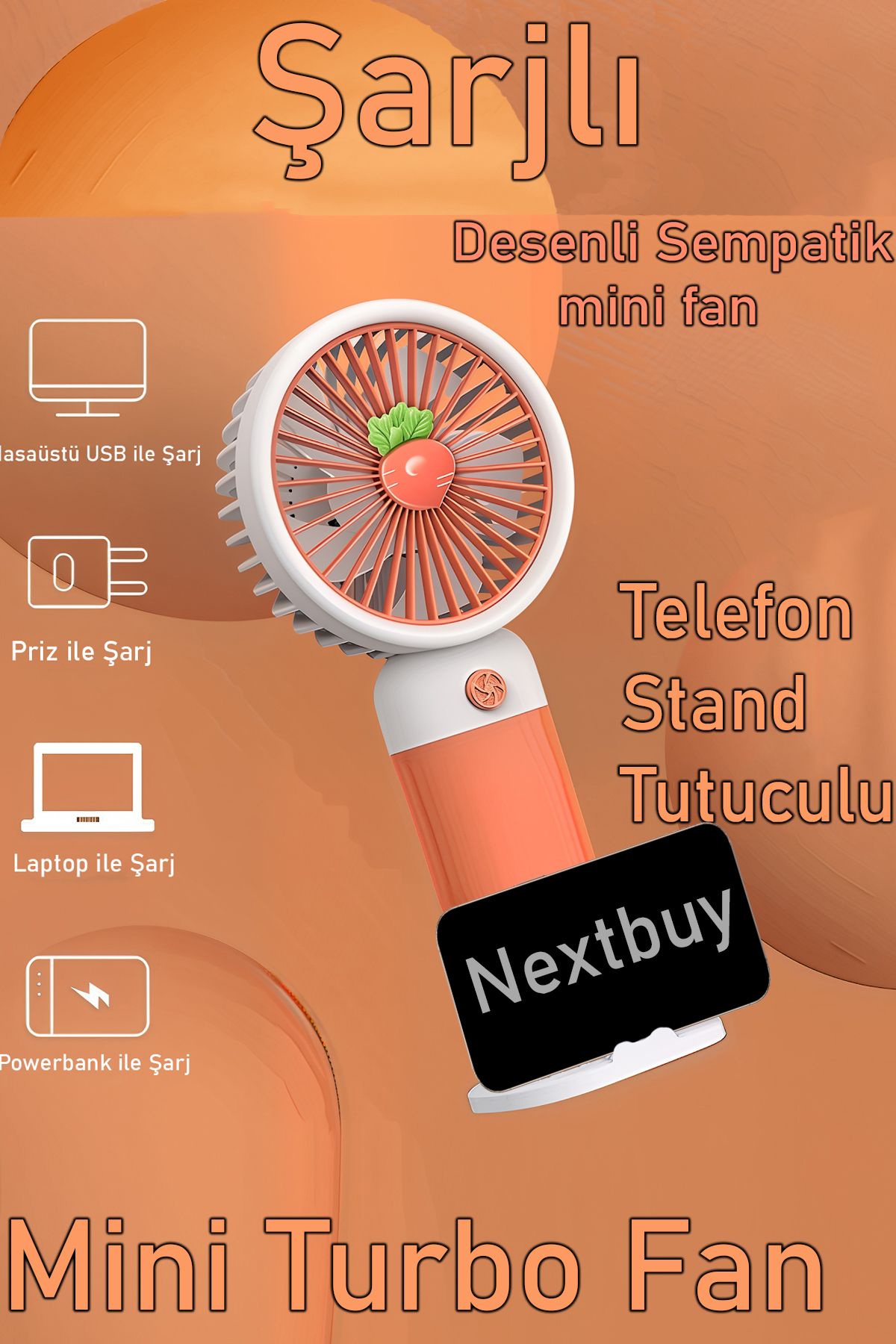 nextbuy Güçlü Pervane Şarjlı Taşınabilir Masaüstü Telefon Standlı Mini El Fanı Soğutucu Turuncu YM88146A