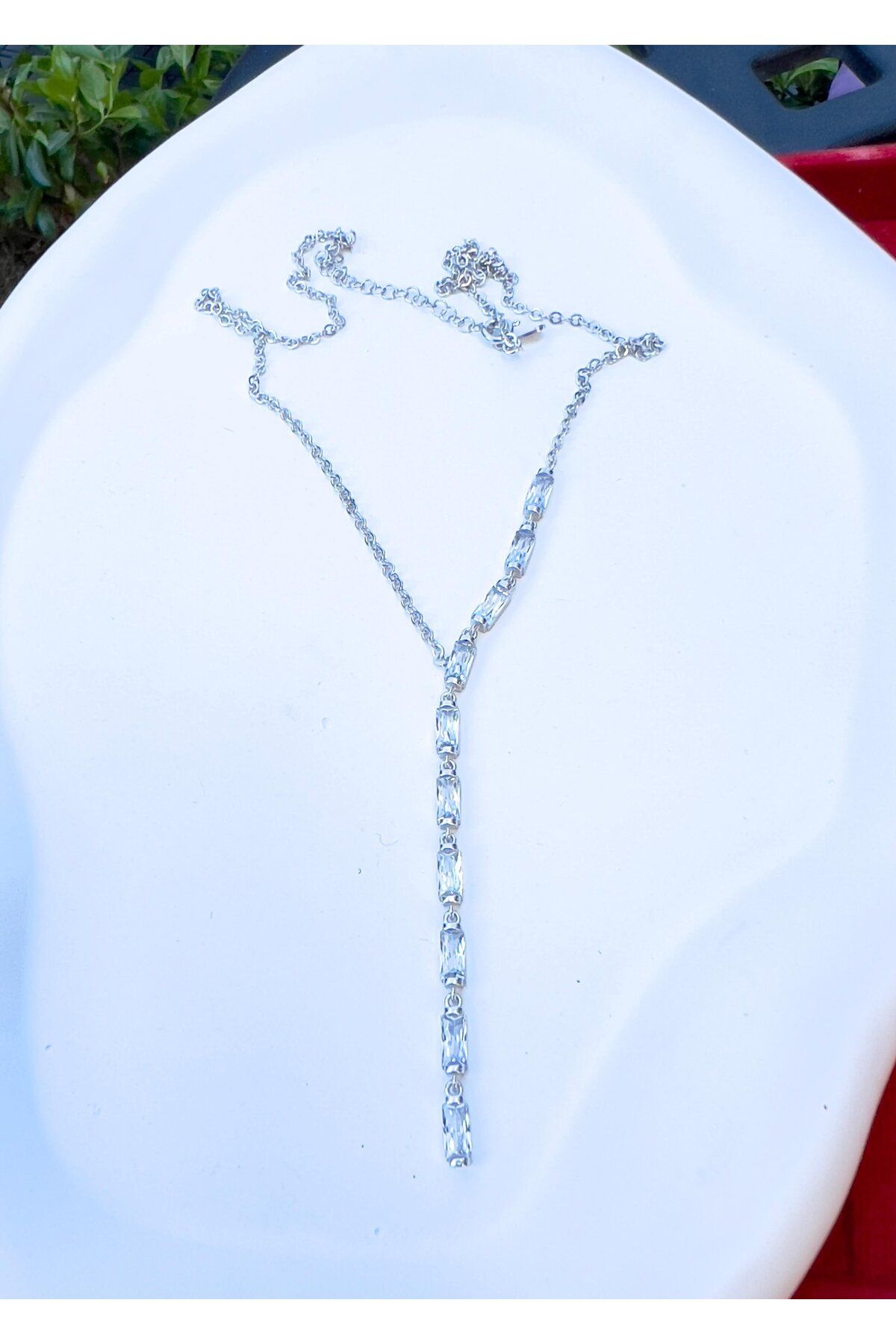 Defne Silver Y Baget Taşlı Kolye