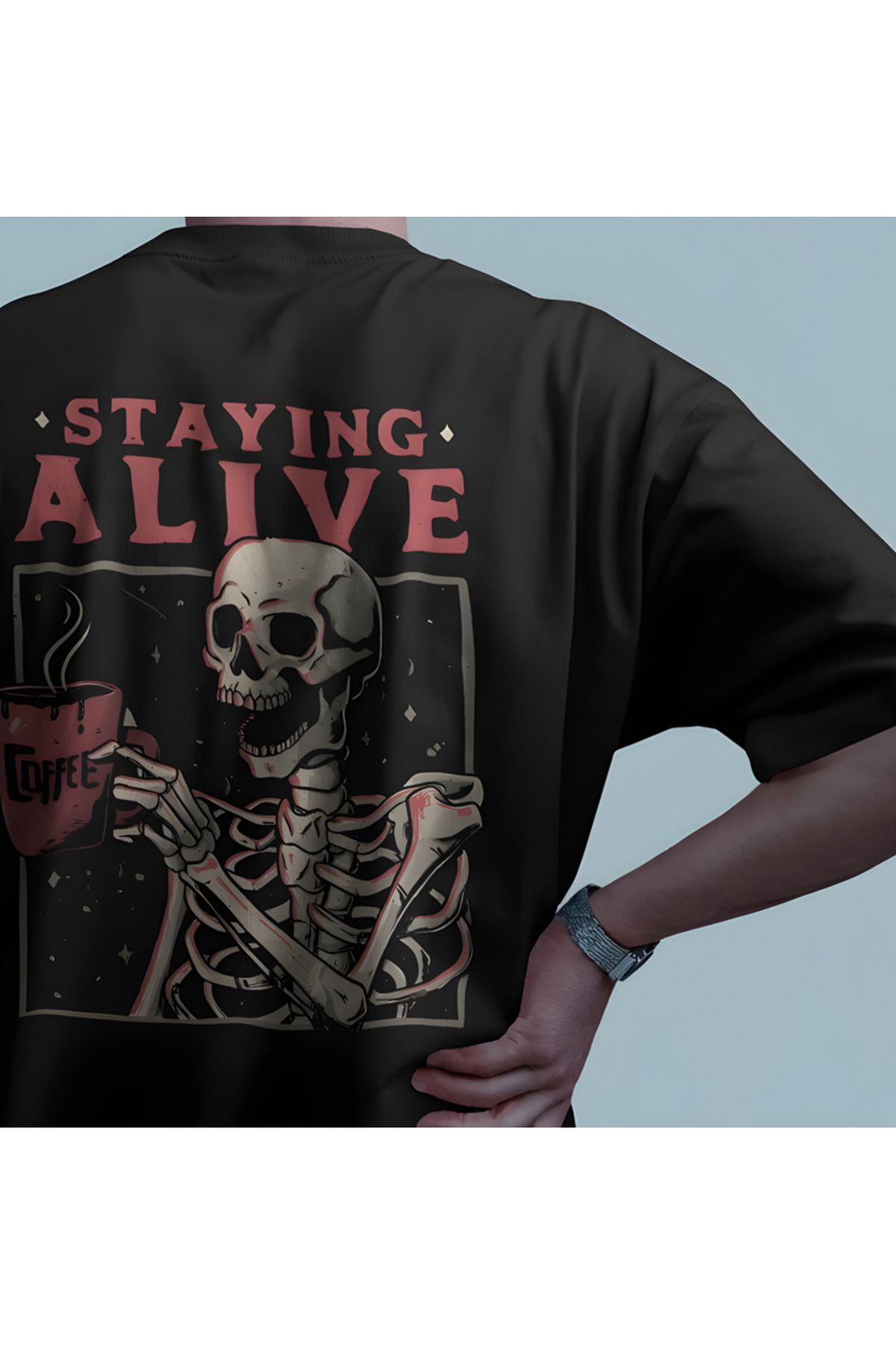 Lemur'ful Love Coffee Outfit Baskılı Oversize Siyah Tişört