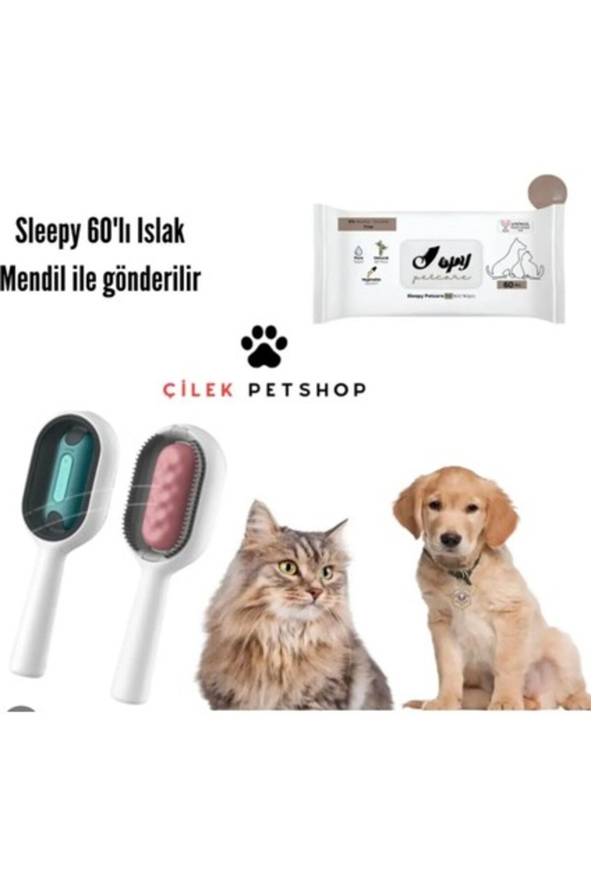 Çilek Petshop Çilek Petshop Hazneli Kedi Fırçası ve Sleepy Islak Mendil 60'lı