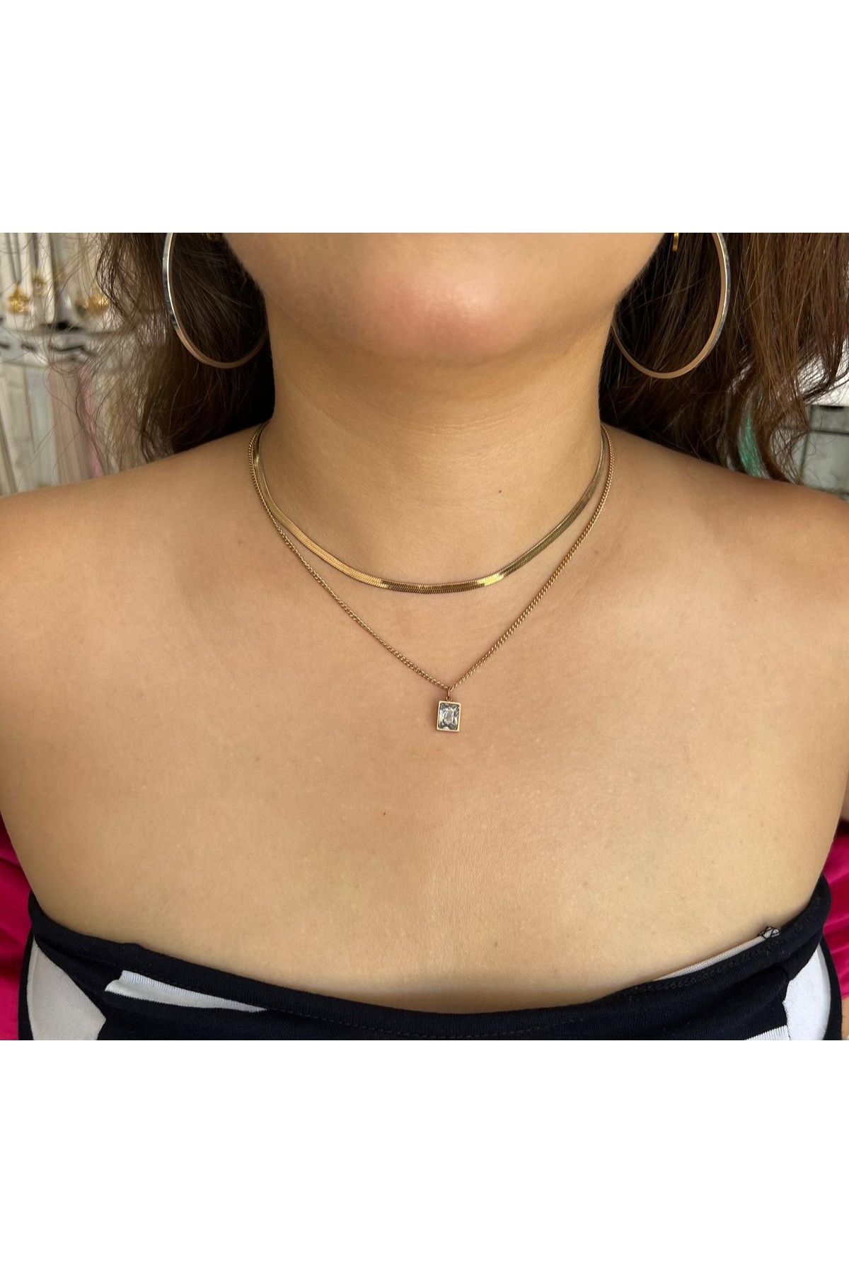 Meri İtalyan kolyesi ve tek taş ikili rose gold çelik kolye