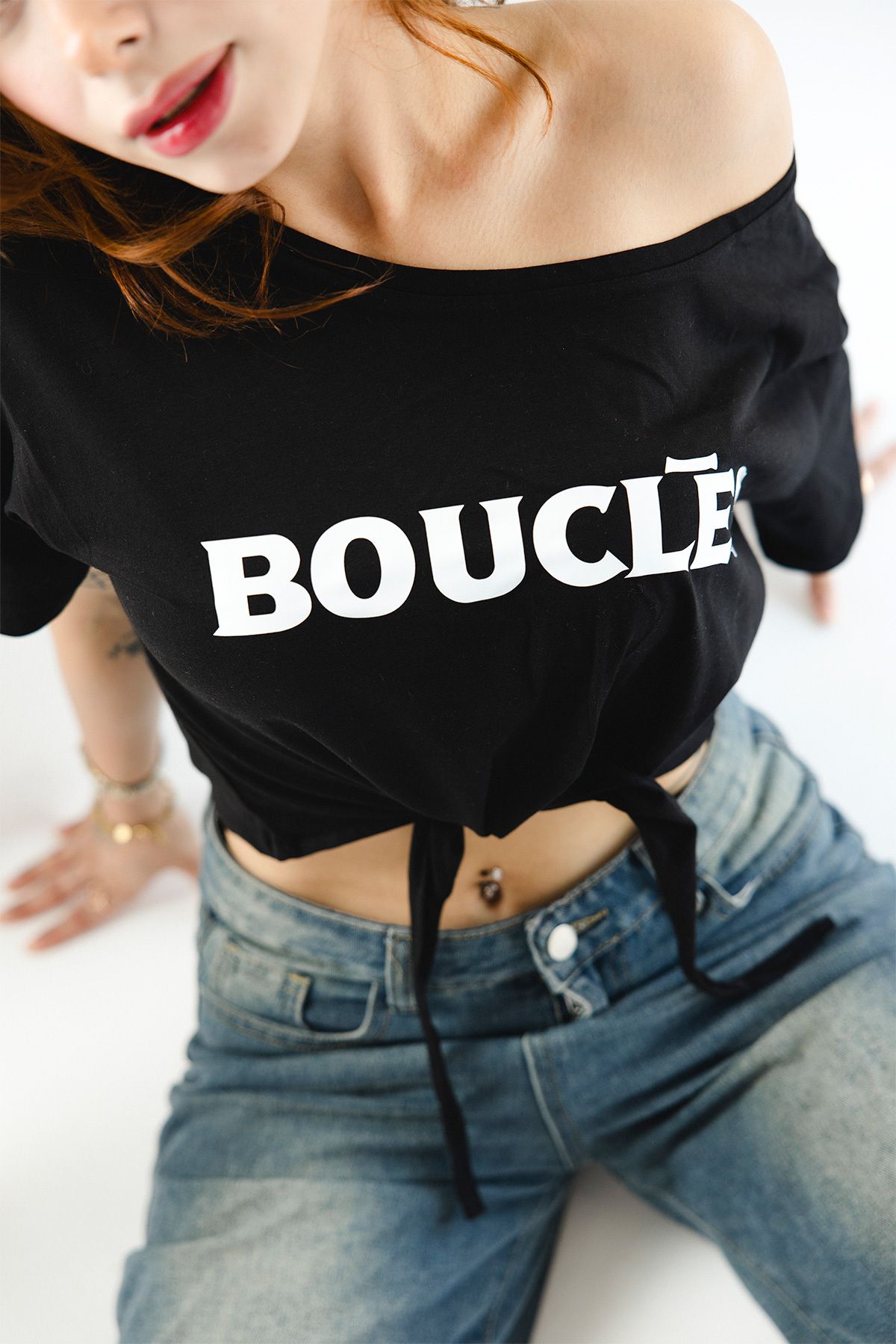boucles Siyah Bağlamalı Baskılı %100 Pamuk Crop T-Shirt