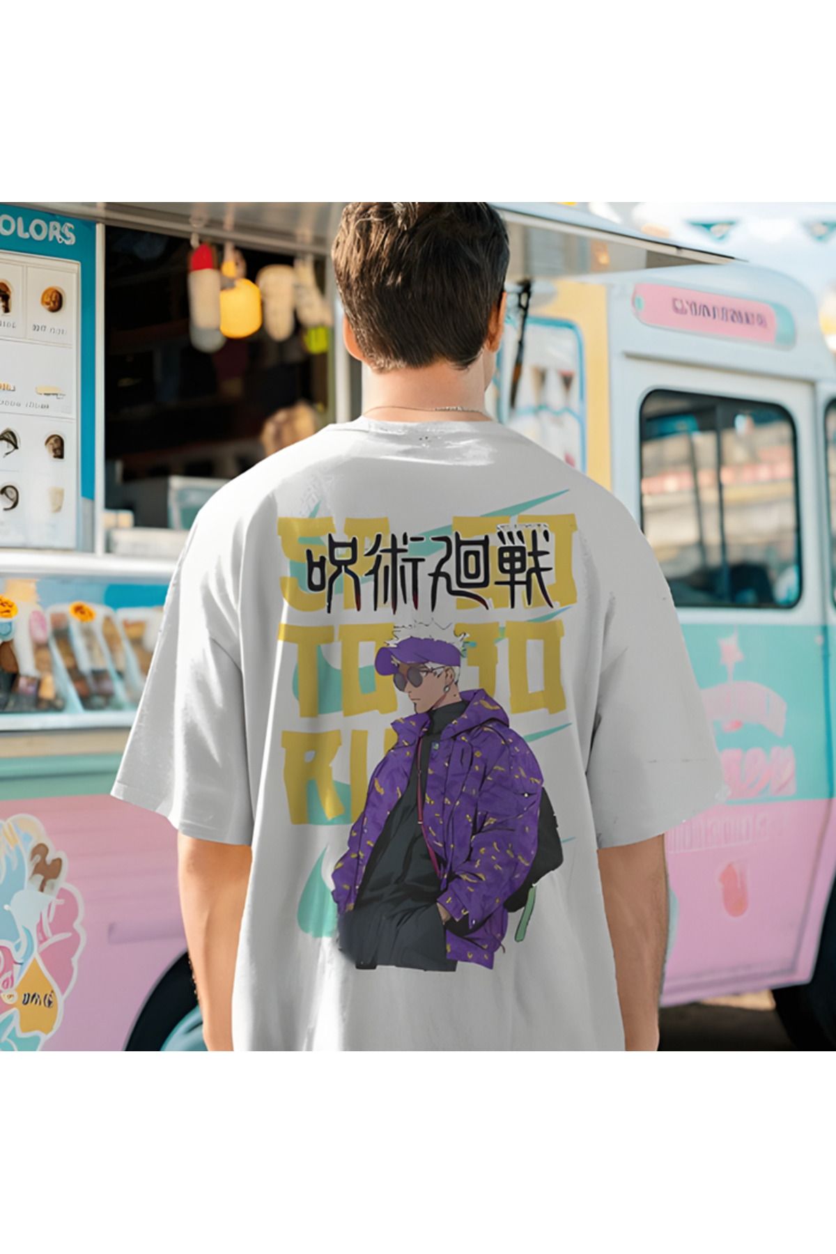 Lemur'ful Gojo JJK Anime Baskılı Oversize Beyaz Tişört