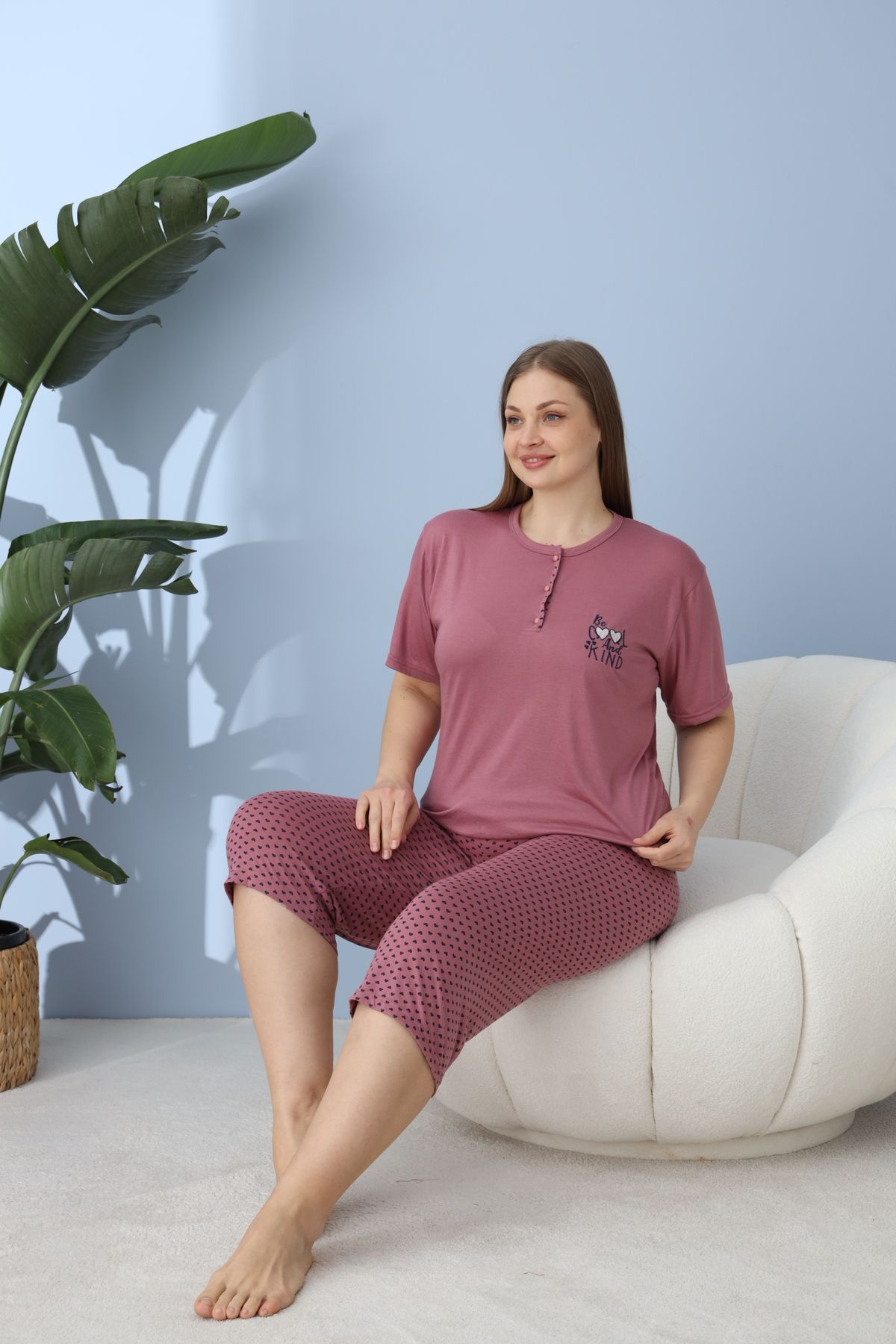 Lukitus Büyük Beden Battal Viskon Kadın Kapri Pijama Takımı