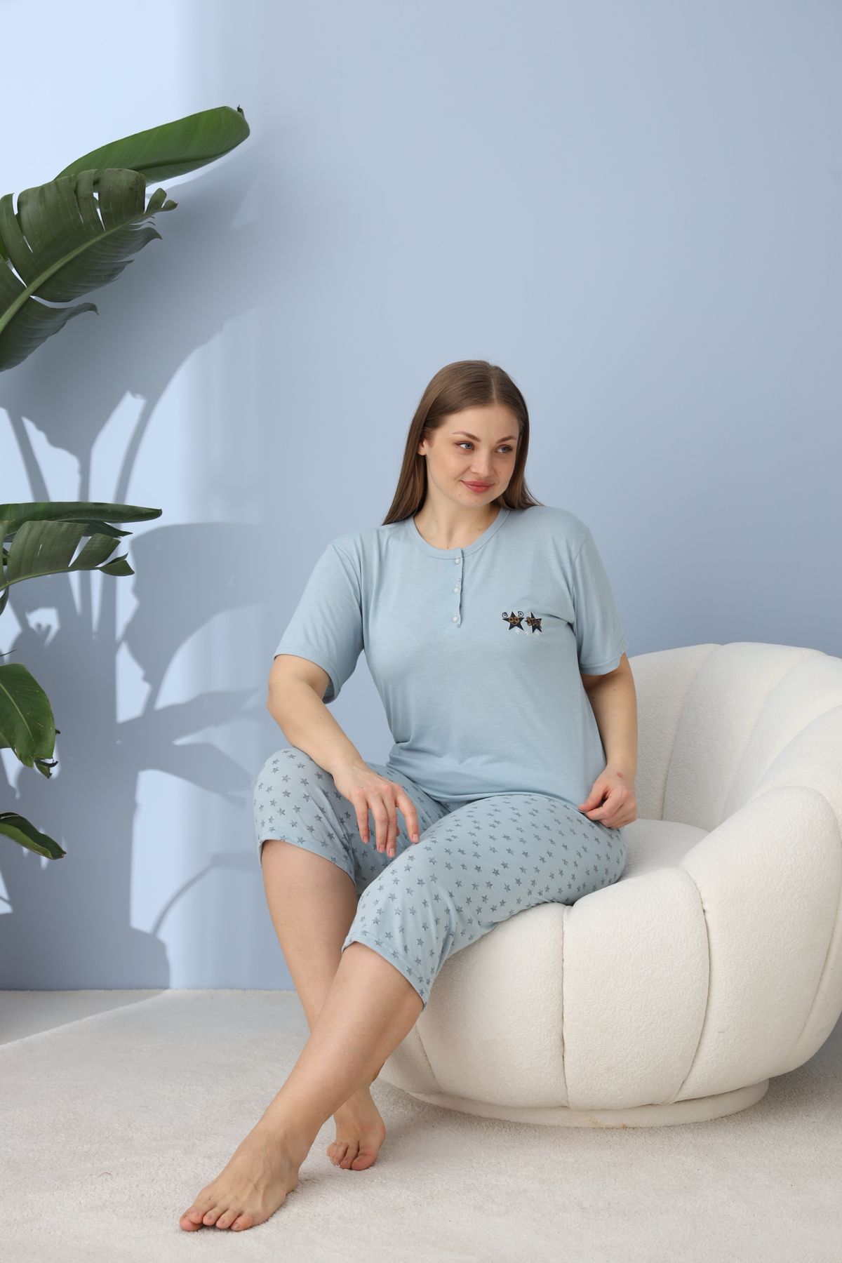 Lukitus Büyük Beden Battal Viskon Kadın Kapri Pijama Takımı