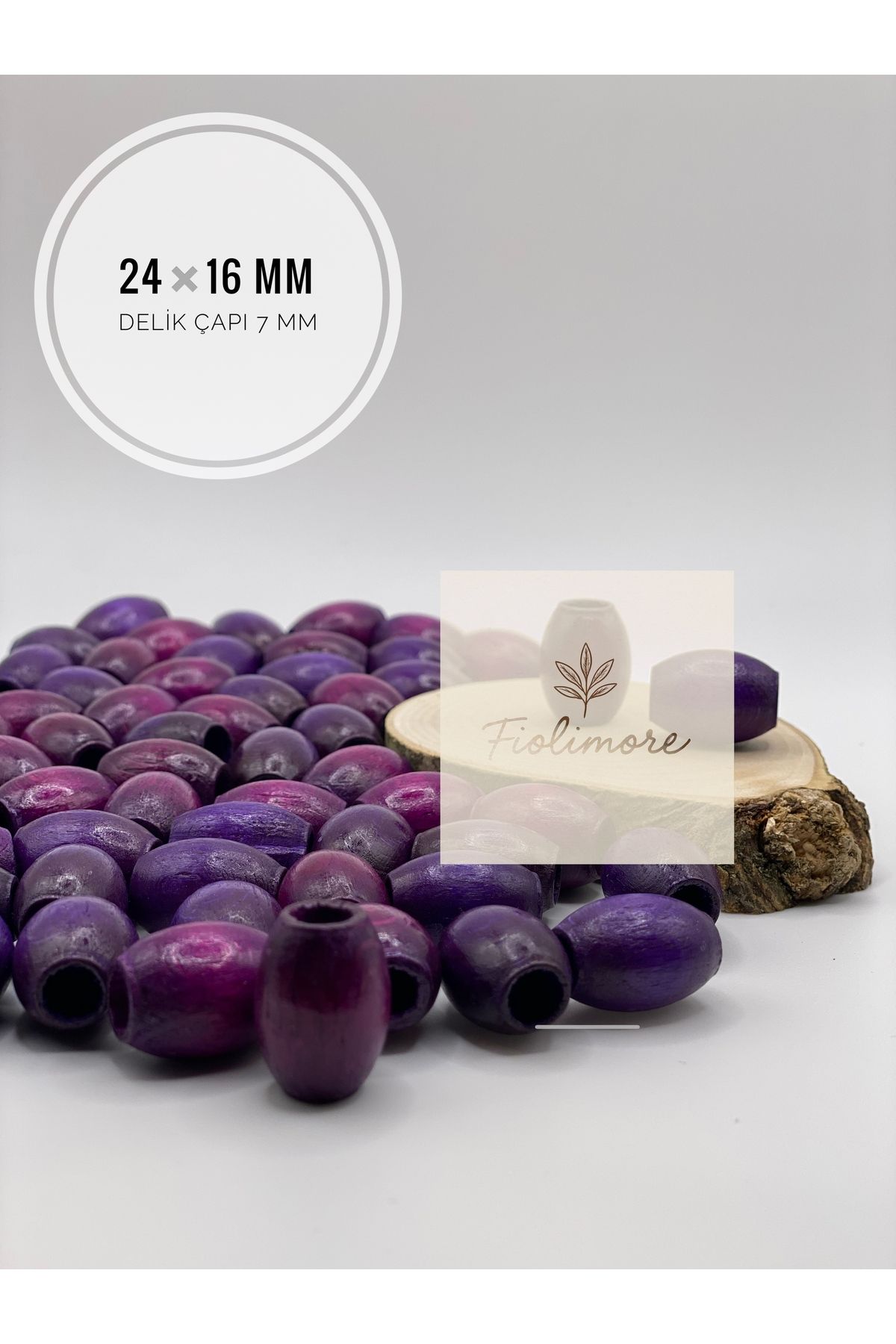Fiolimore Oval Ahşap Renkli Mor Rengi Boncuk 24x16 mm (50 Gram 25 Adet) Delik Çapı 7 mm Badem Tahta Boncuk