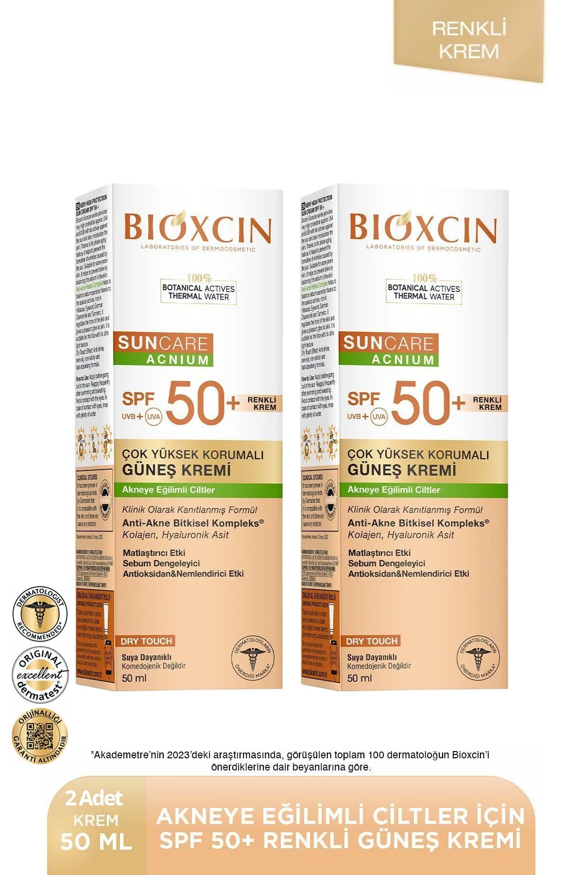 Bioxcin Sun Care Akneye Eğilimli Ciltler Için Renkli Güneş Kremi 50 Spf - Tinted, Akne, DryTouch, Mat 2 adet
