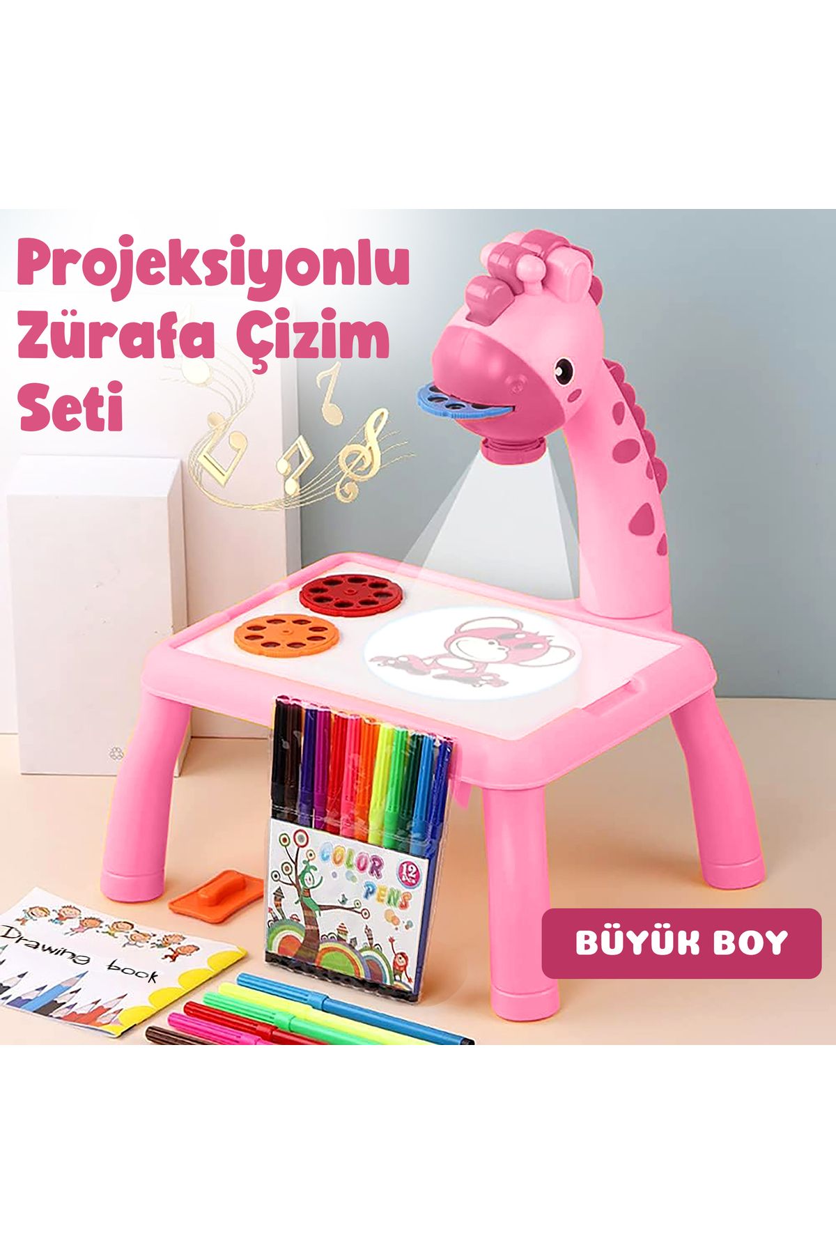 MODA Projeksiyonlu Pembe Zürafa Büyük Boy Çizim Seti, 12 Renk Boya Kalemi Seti Ve Çizim Defteri