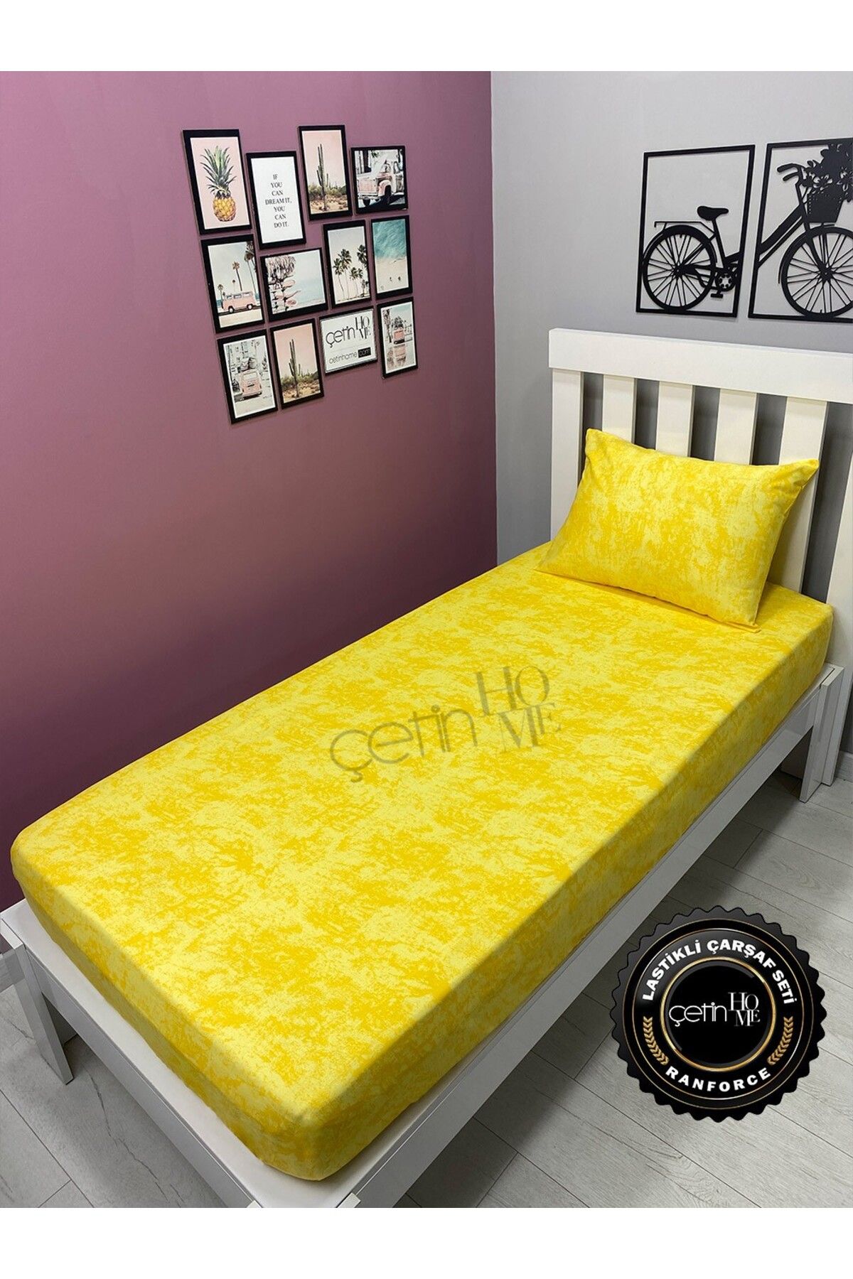 Çetinhome-Fabric Elastic Sheet Set Single Size 3 Size Shadow Yellow 4