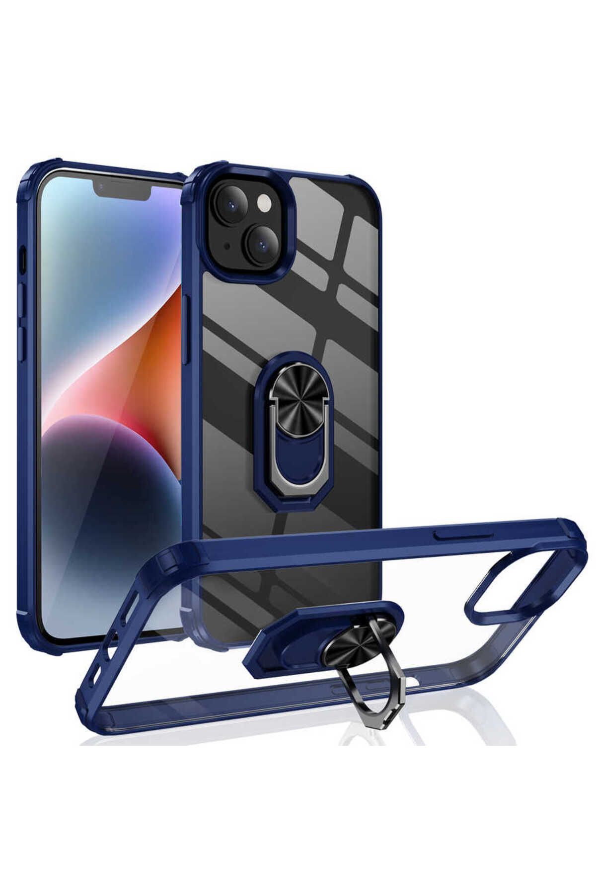 halkhouse İphone 14 Kılıf Sert Silikon Dayanıklı Şeffaf Renkli Yüzüklü Mola Kapak
