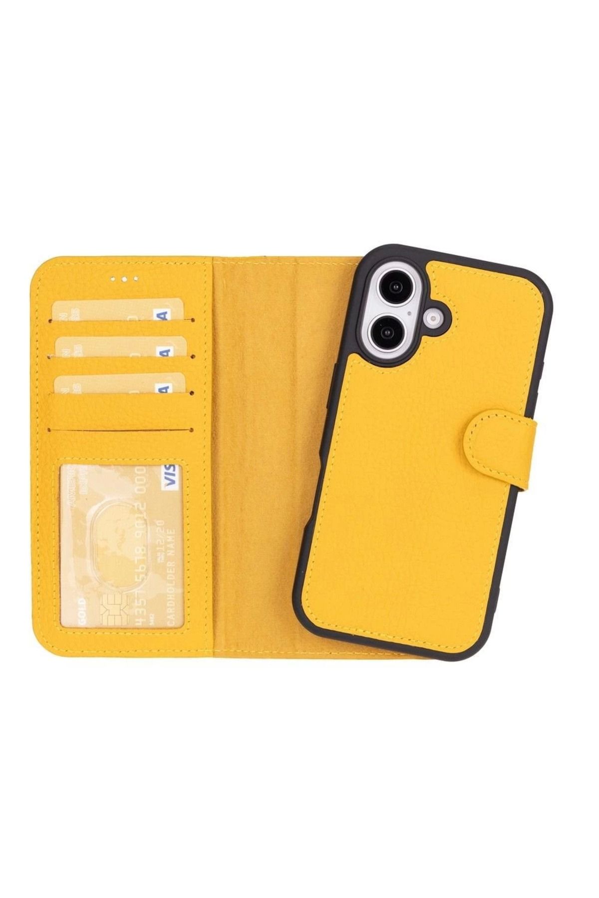 Emperium iPhone 16 Plus uyumlu, Hakiki Deri, El Yapımı, Cüzdanlı Kılıf, Limon Sarı
