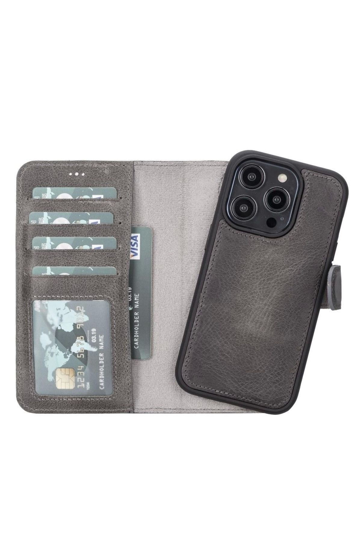 Emperium iPhone 14 Pro Uyumlu Deri Cüzdanlı Kılıf MWWN Rustik Gri