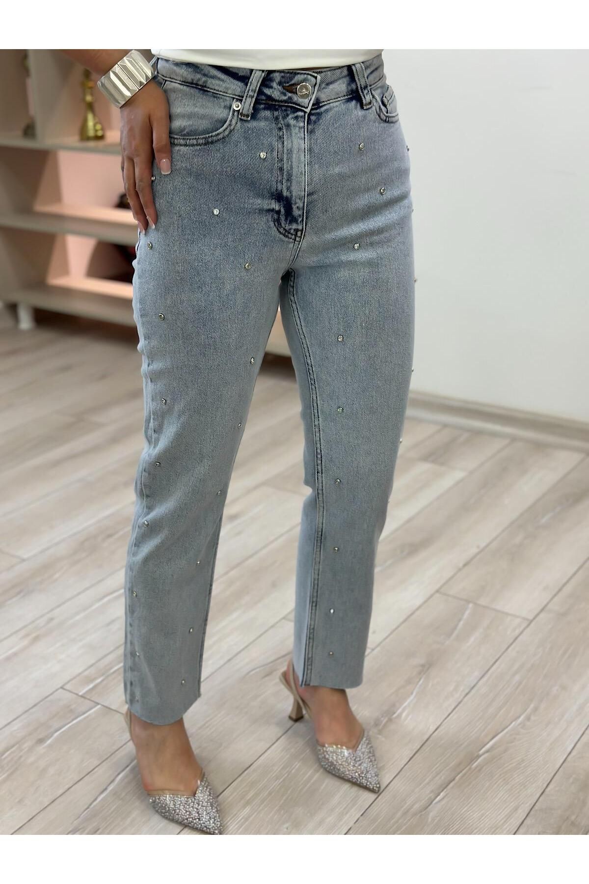 MELTEM TUĞAN Droplu Mom Fit Pantolon BUZ MAVİ
