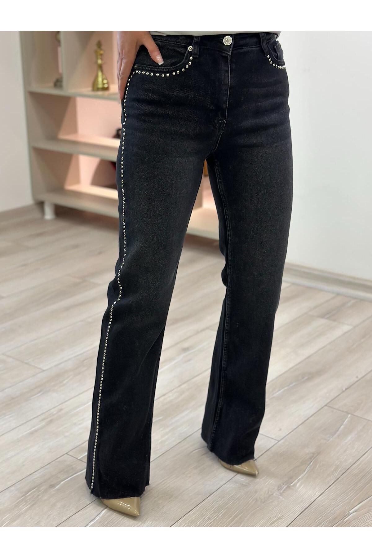 MELTEM TUĞAN Taşlı Straight Kot Pantolon FÜME