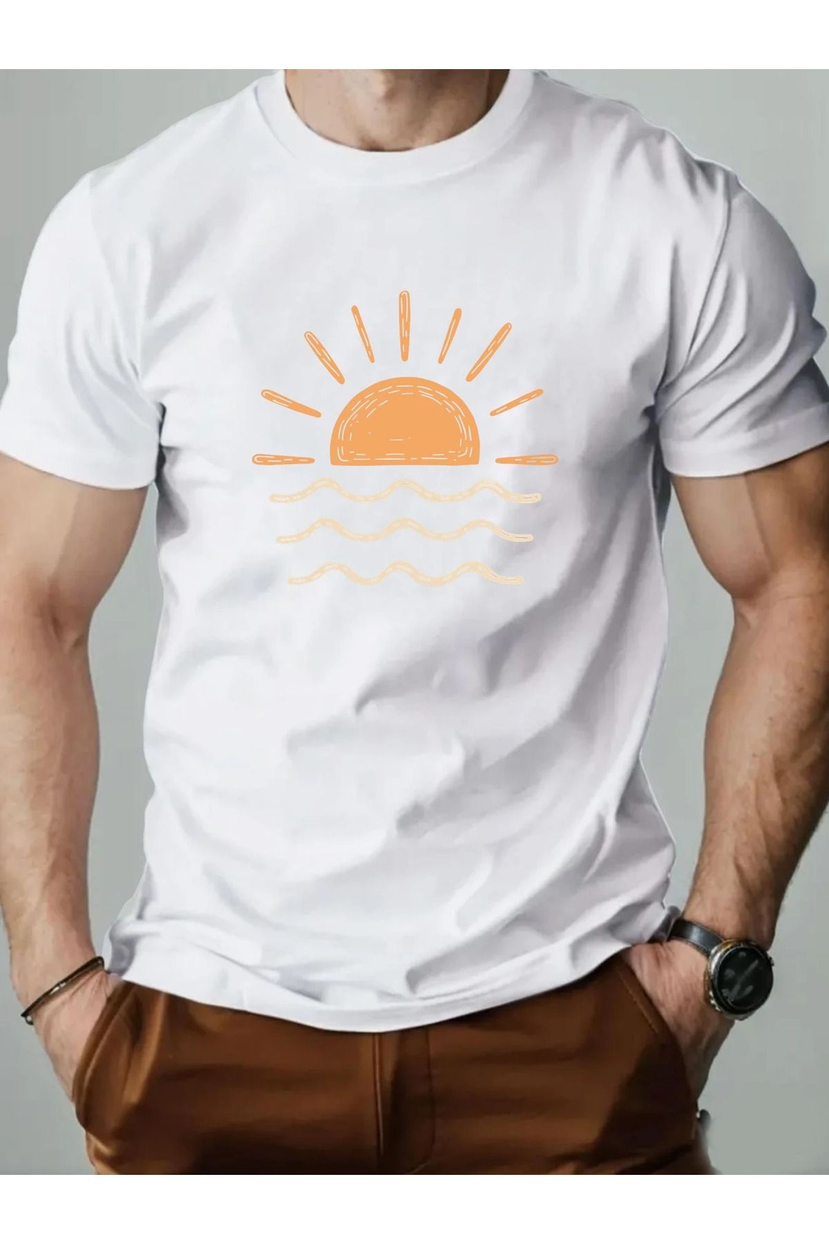 LUNAVISTA Güneş Baskılı Bisiklet Yaka Kısa Kol T-shirt
