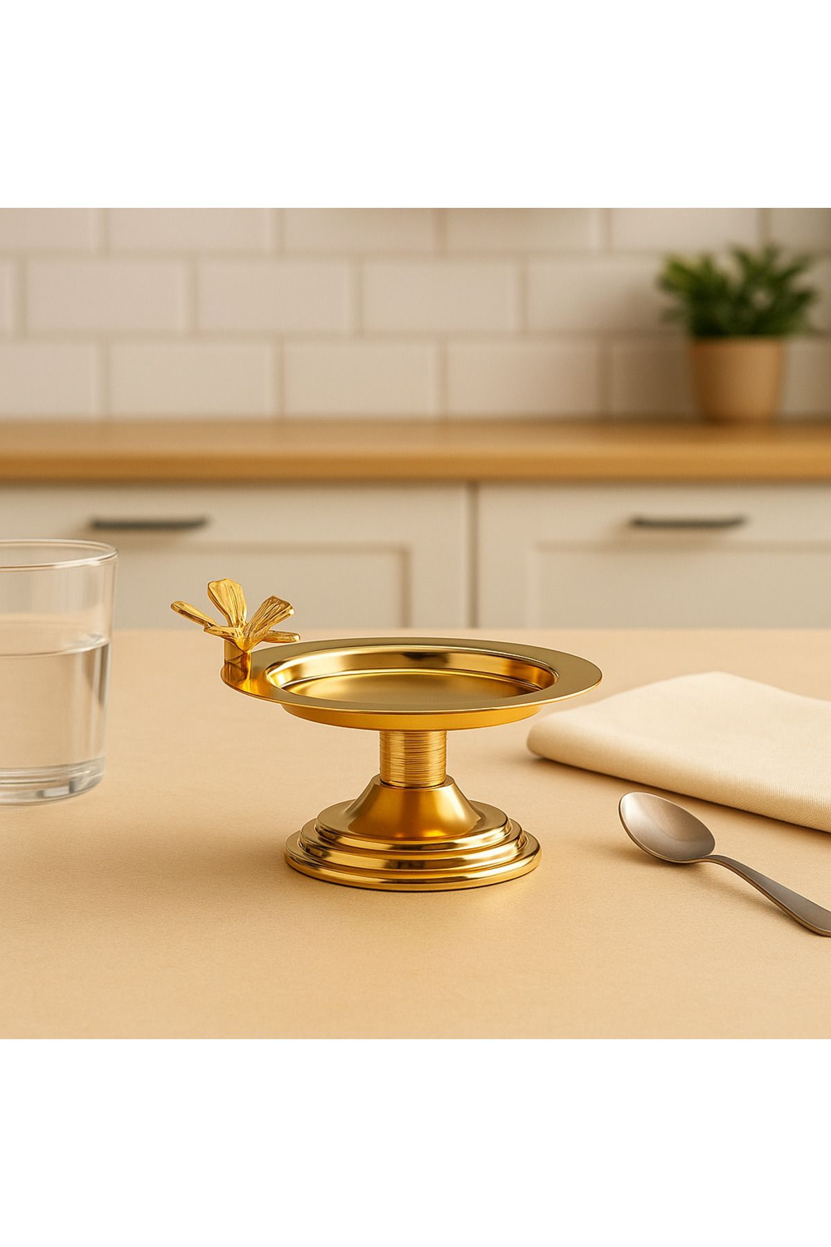 Fiyakalı Ürünler Atölyesi 3'lü Kelebekli Gold Makaronluk, Lokumluk, Çay Ve Kahve Yanı Sunumluk, Metal Şekerlik