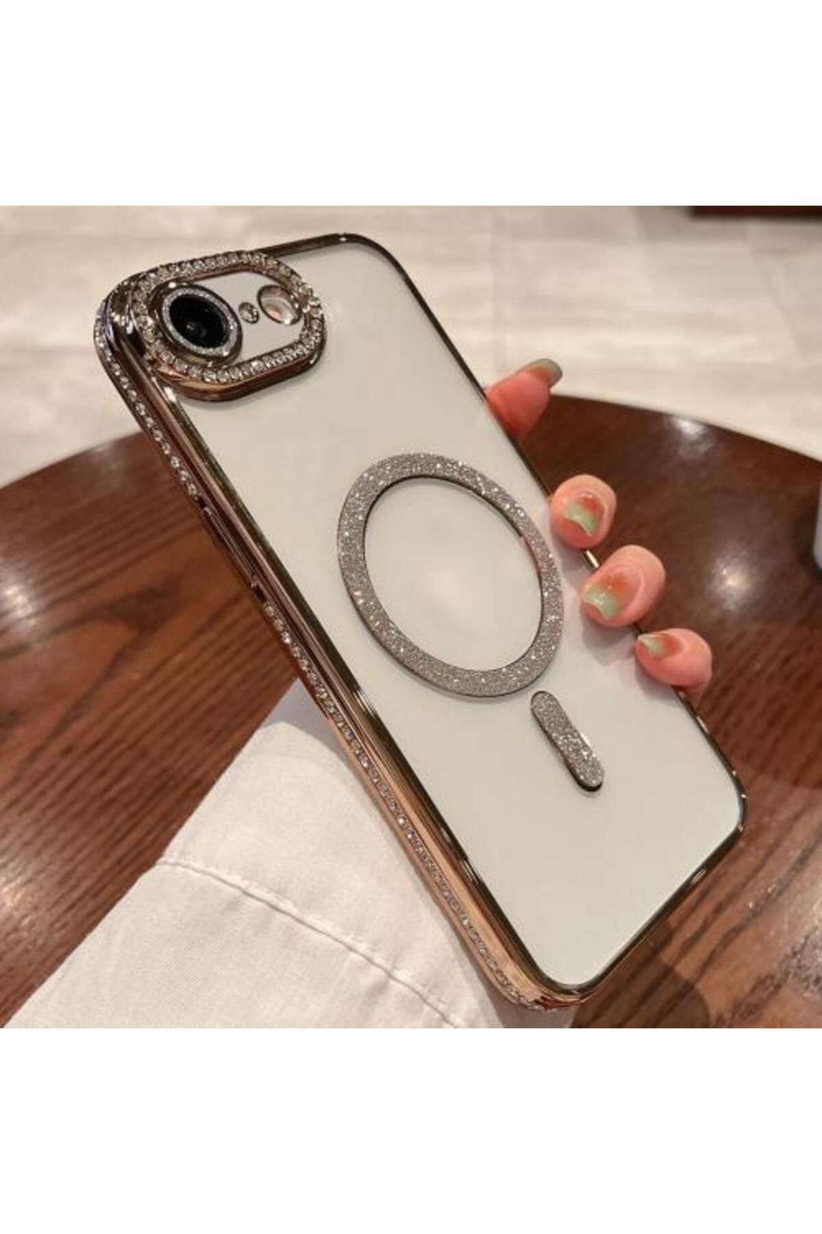 UnDePlus Apple iPhone 16E Kılıf Simli Magsafe Kamera Kenar Taşlı Kapak
