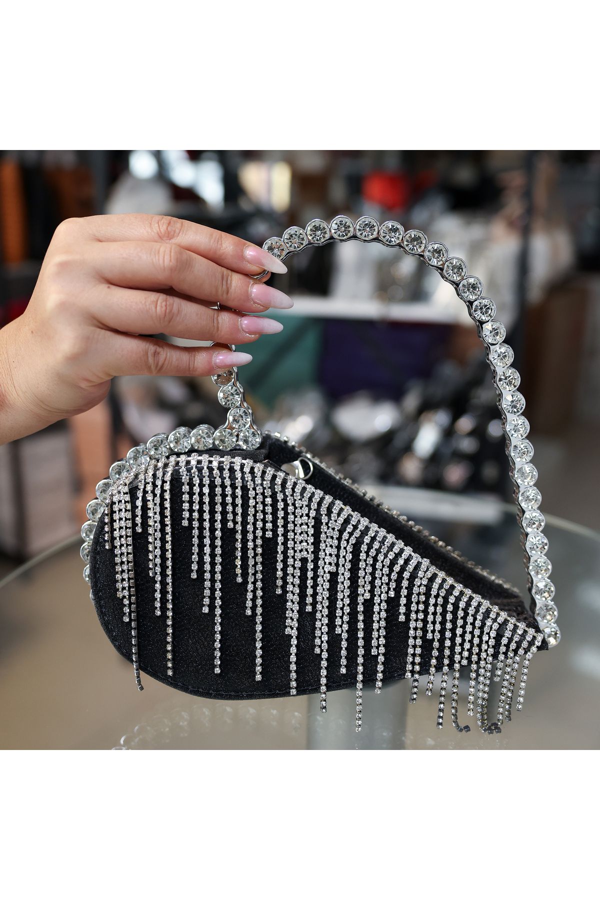 EVASAMLİSHOESBAG Kristal Taşlı Siyah Abiye Çantası