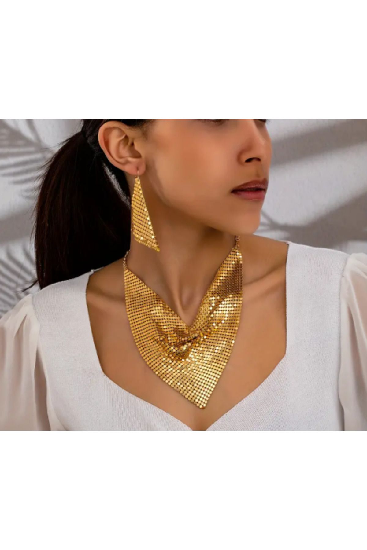SE Jewellery Collection Selin Ersoy Gösterişli File Tasarım Kolye ve Küpe Takımı – Altın Renk Işıltılı Set