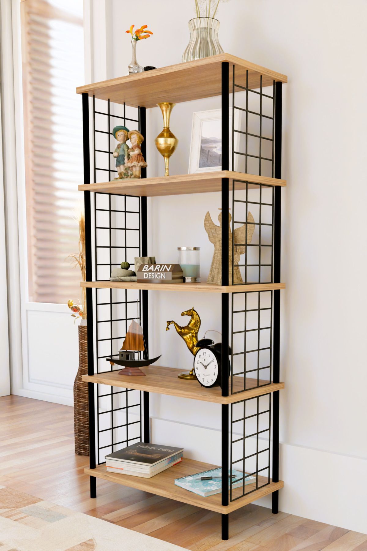 BARIN DESIGN 5 Raflı Telli Metal Kitaplık Salon,Ofis,Çalışma Odası Modern Düzenleyici Çevir Tak Kolay Kurulum Raf