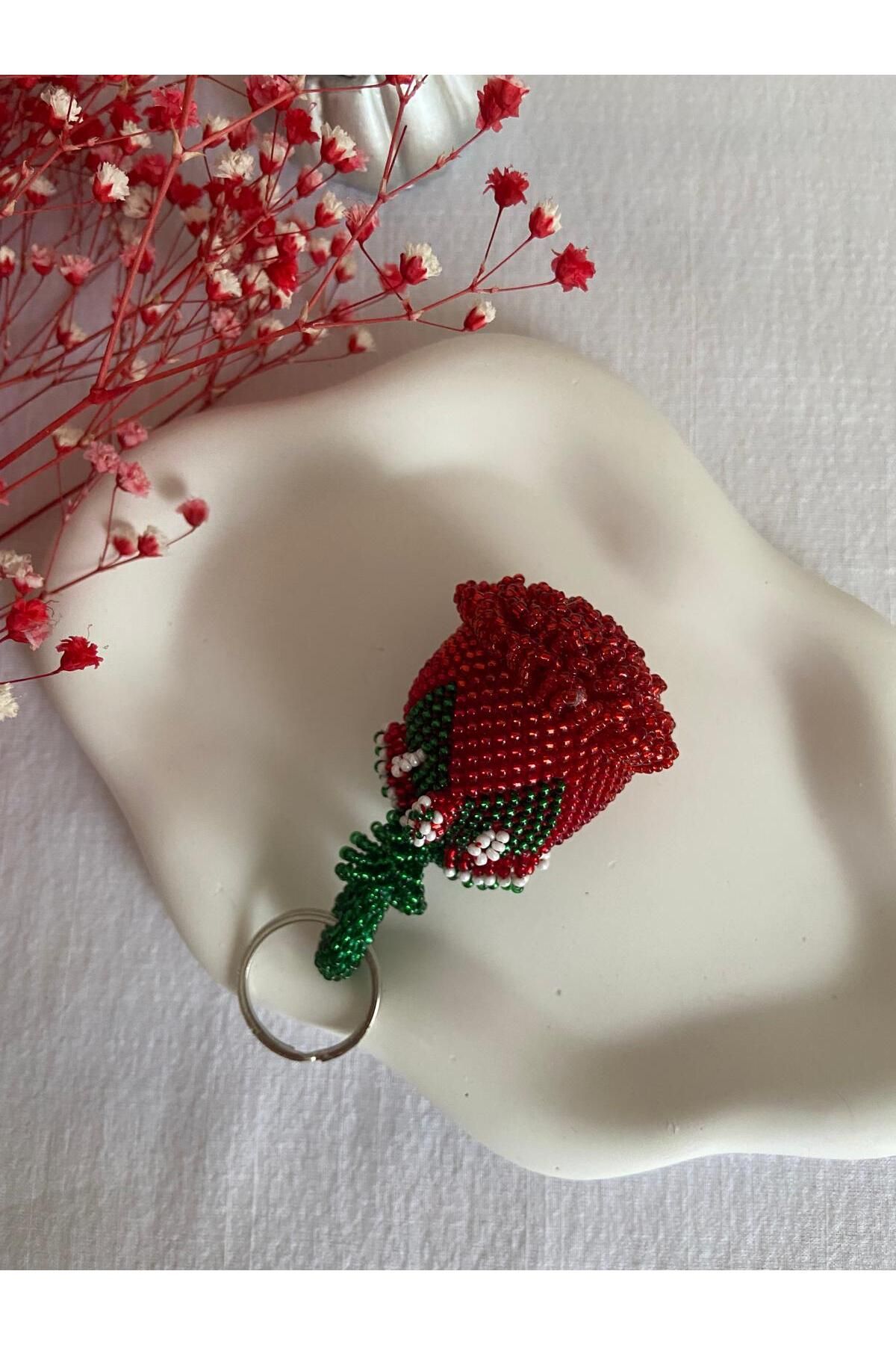 Handmade KUM BONCUK EL İŞİ BÜYÜK BOY KIRMIZI GÜL ANAHTARLIK
