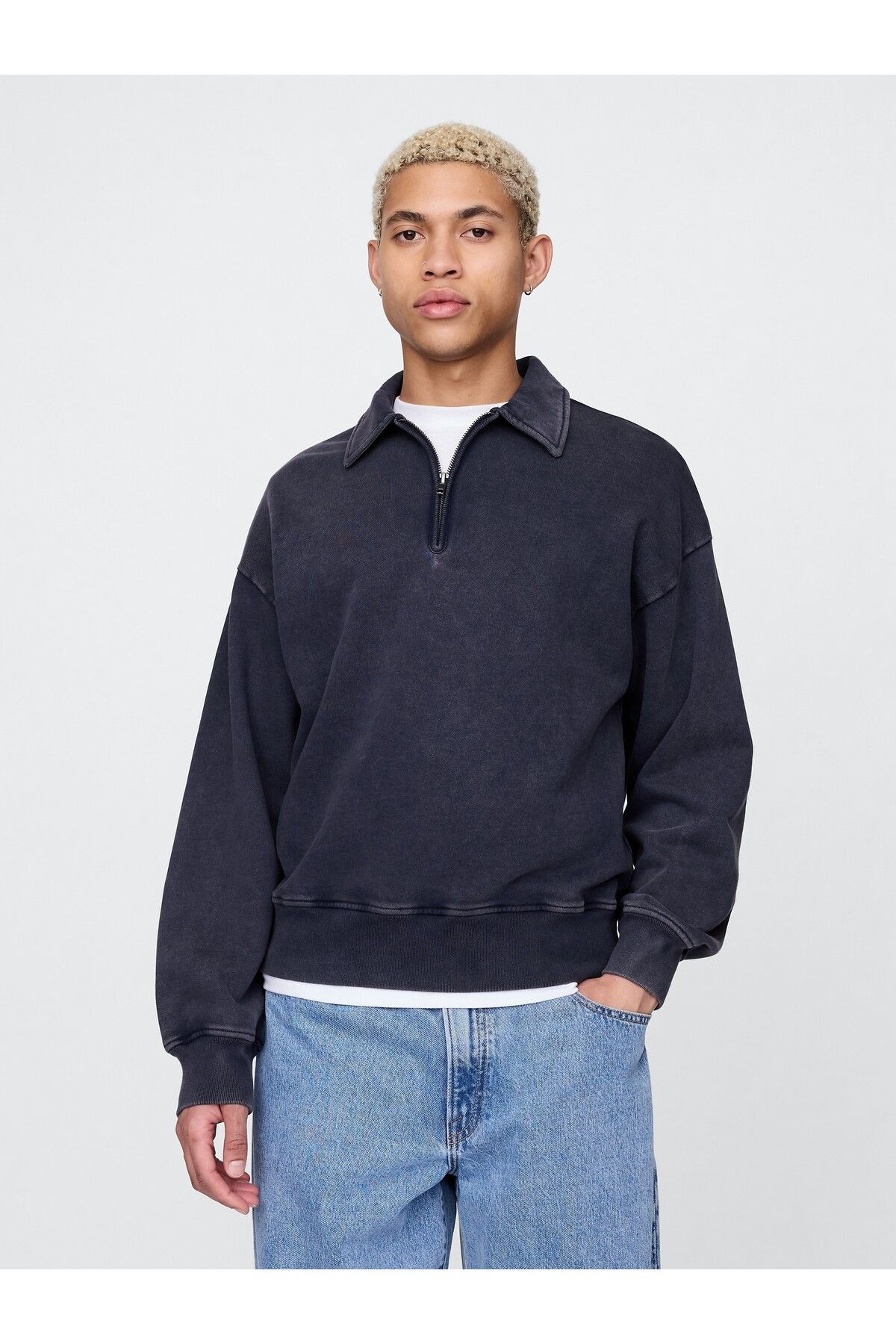GAP Erkek Lacivert Heavyweight Oversized Yarım Fermuarlı Sweatshirt