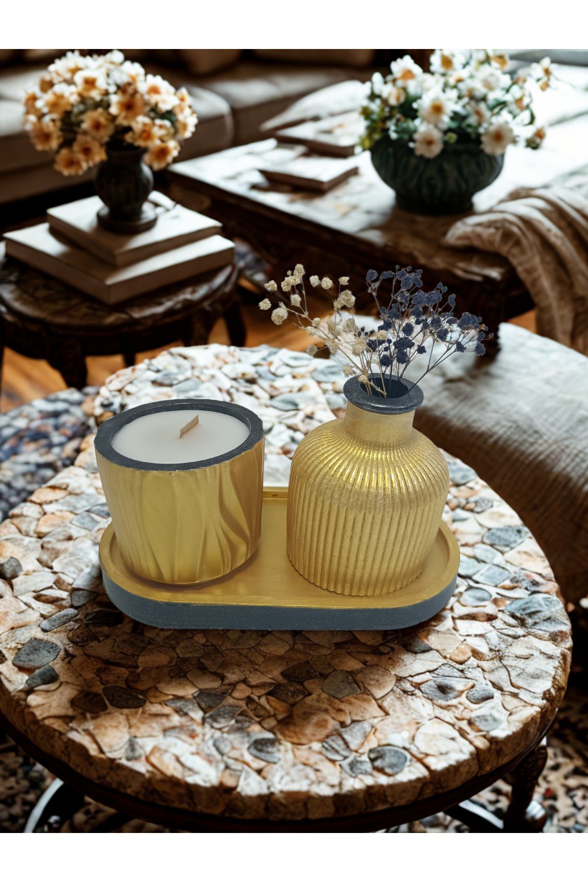 crafts tasarım atölyesi Crafts Tasarım 3 Lü Dekoratif Vazo ve Mum Seti Çift Renk
