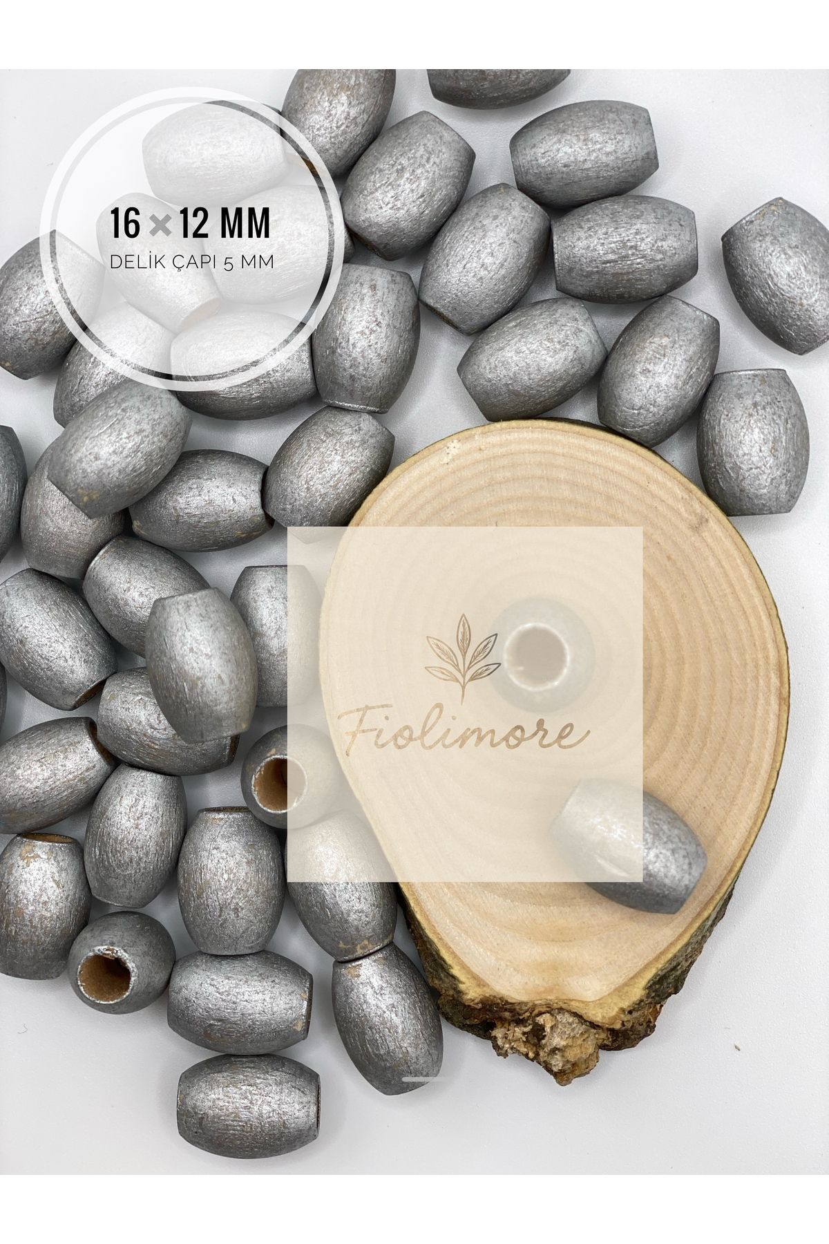Fiolimore Oval Ahşap Renkli Gri Rengi Boncuk 16x12 mm (50 Gram 75 Adet) Delik Çapı 5 mm Badem Tahta Boncuk