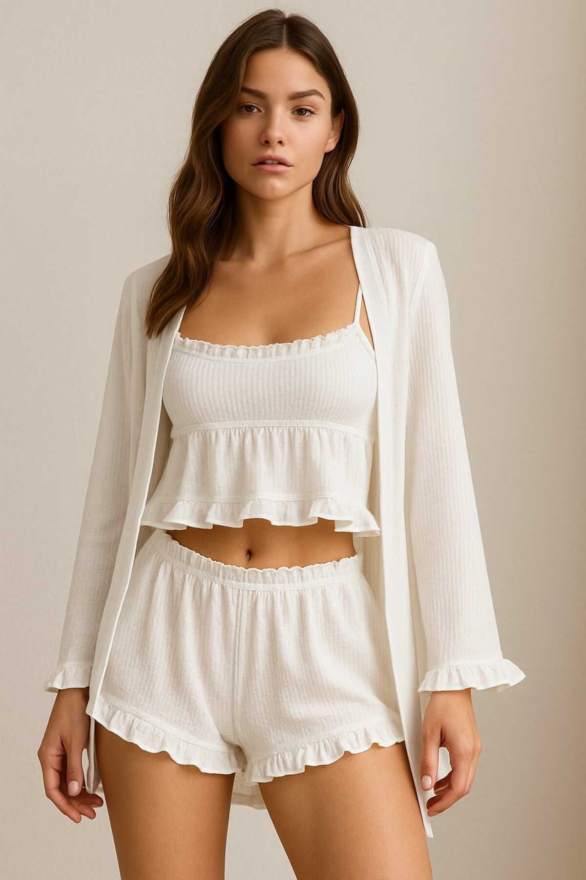 PEMBİŞ HOMEWEAR Fitilli İnce Askılı Crop Üst Sabahlıklı Şort Takımı