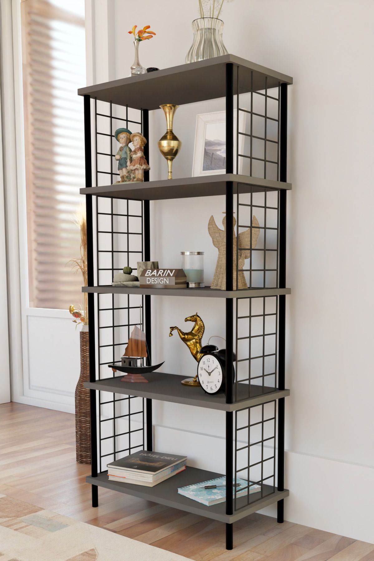 BARIN DESIGN 5 Raflı Telli Metal Kitaplık Salon,Ofis,Çalışma Odası Modern Düzenleyici Çevir Tak Kolay Kurulum Raf