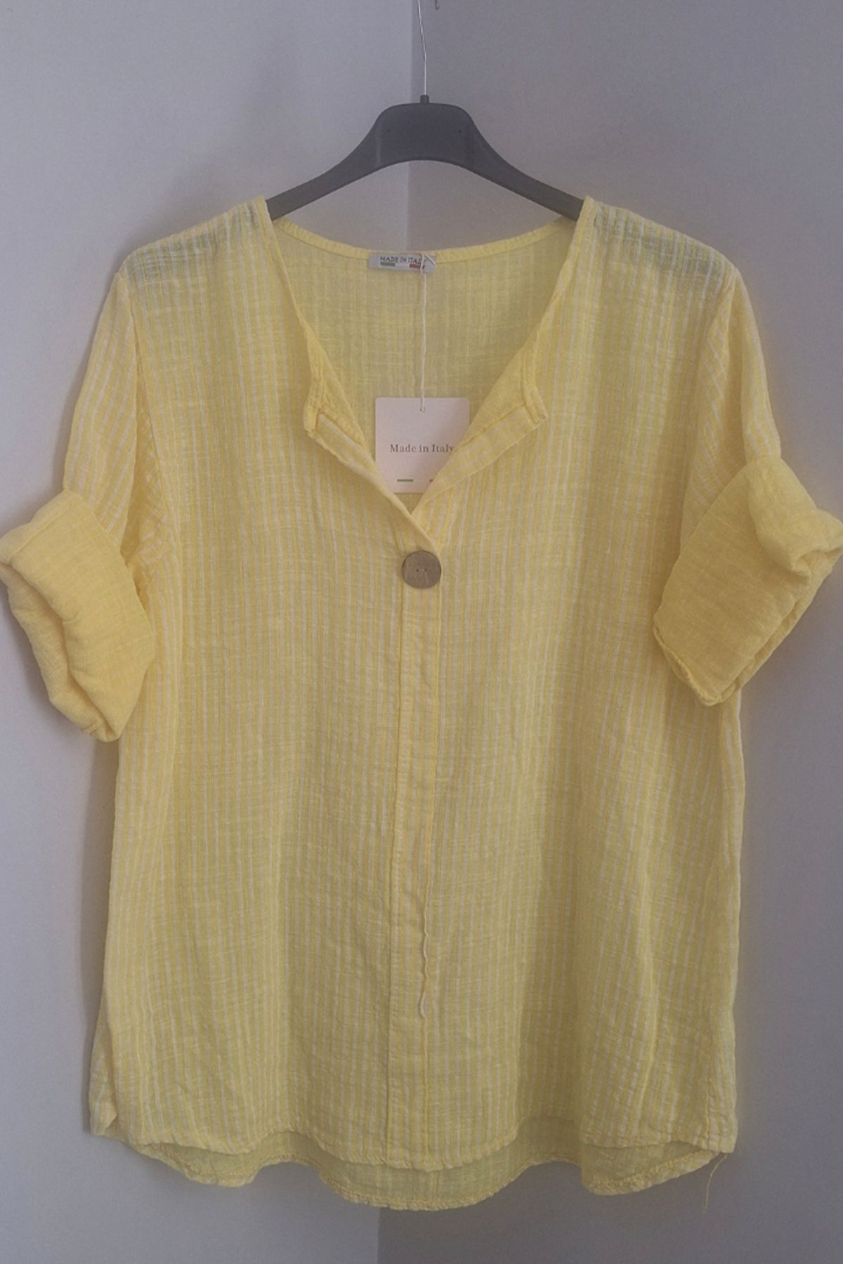 AYASOFYA OTANTIK Kadın Italyan Sarı Çizgili 3/4 Kollu Oversize Salaş %100 Pamuk Bluz Tunik
