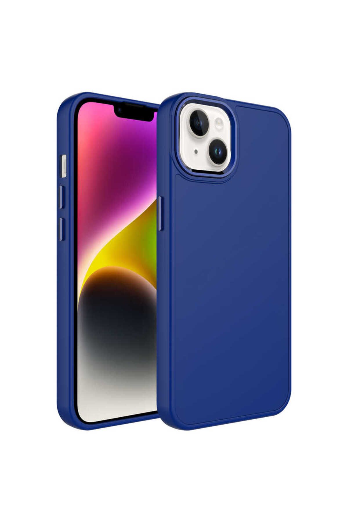 halkhouse Apple iPhone 14 Kılıf Metal Çerçeve ve Buton Tasarımlı Renkli Esnek Kırılmaz Silikon Luna Kapak