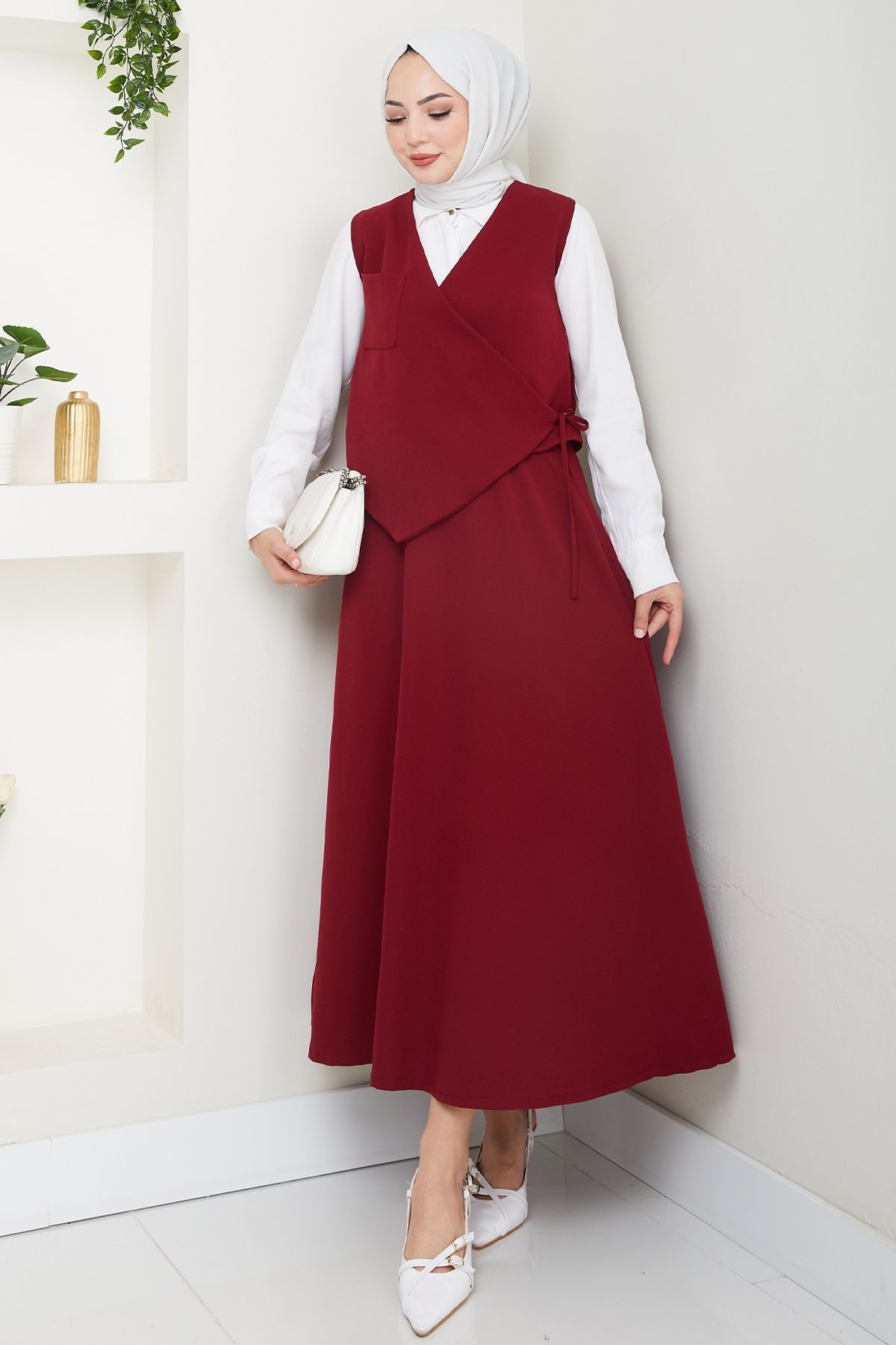 InStyle Çapraz Tek Cepli Bordo Yelekli Takım