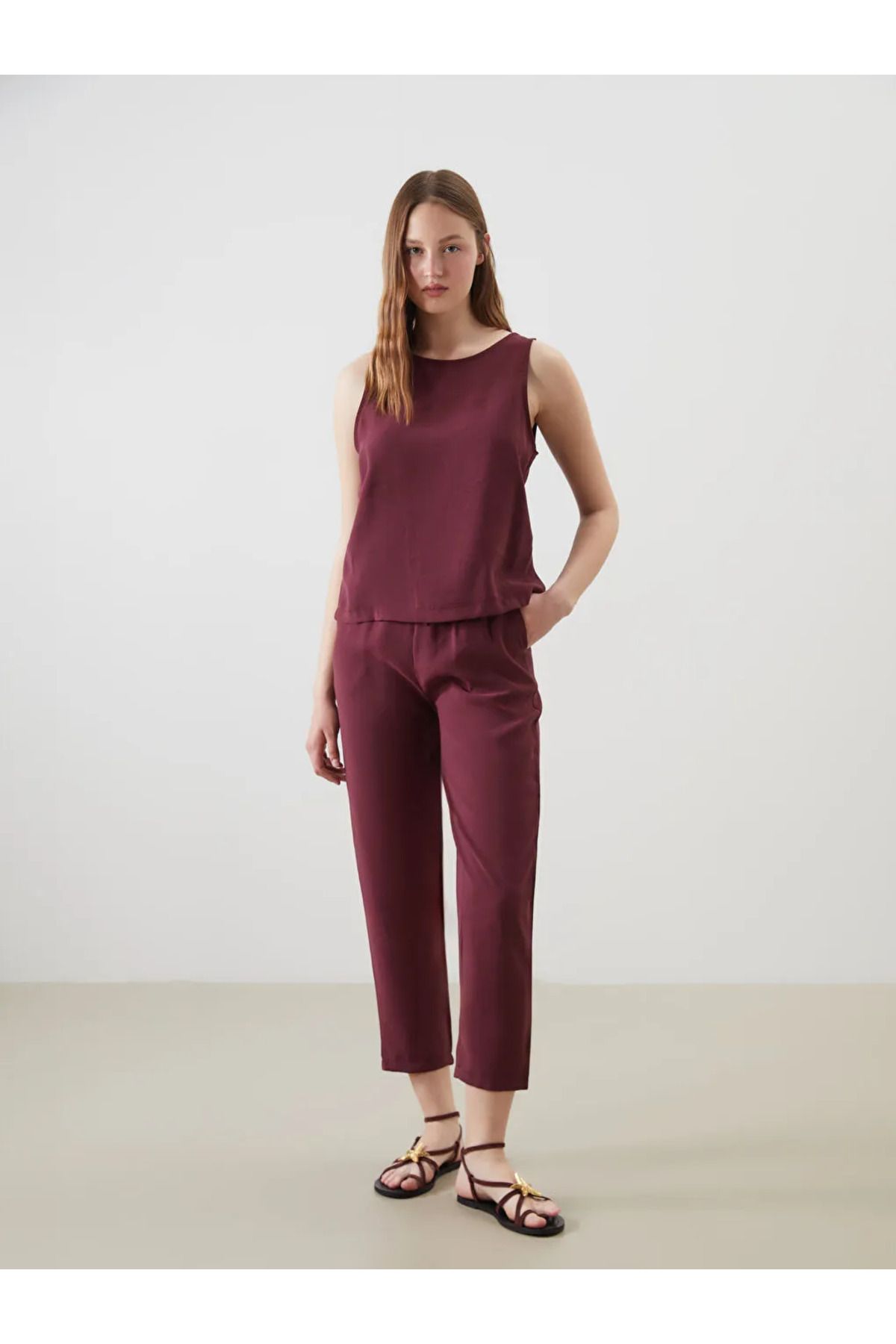 LC Waikiki XSIDE Bordo Beli Lastikli Keten Görünümlü Kadın Pantolon