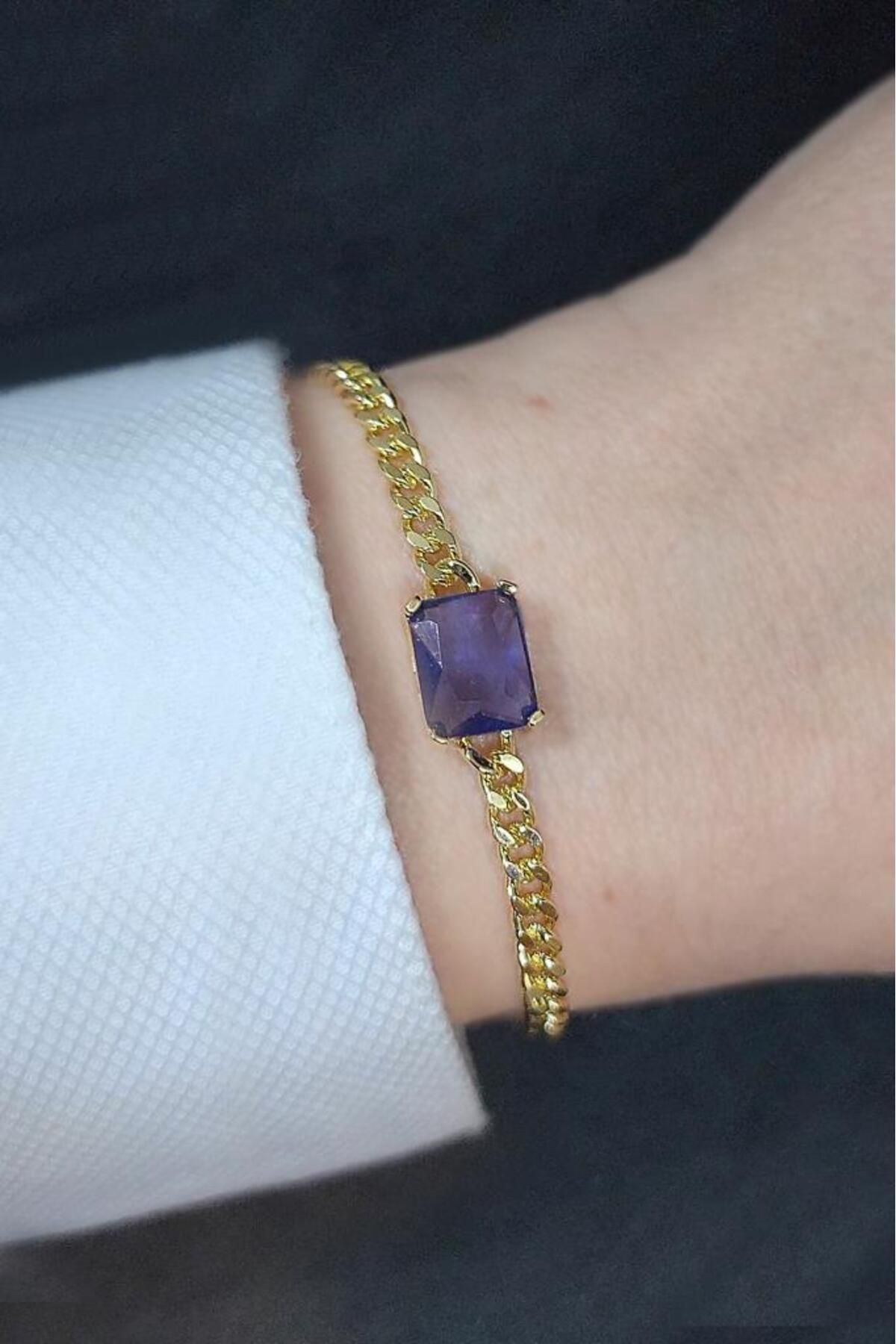 trendy time t & t Mor Taşlı Altın Sarısı Kadın Zincir Bileklik