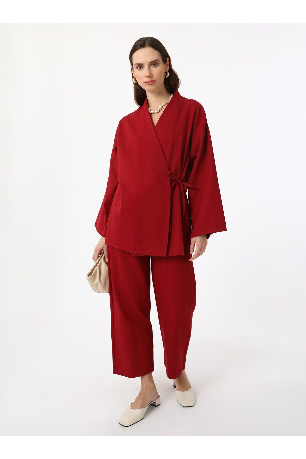 Benin Kruvaze Bağlamalı %100 Pamuk Kimono - Bordo - Benin