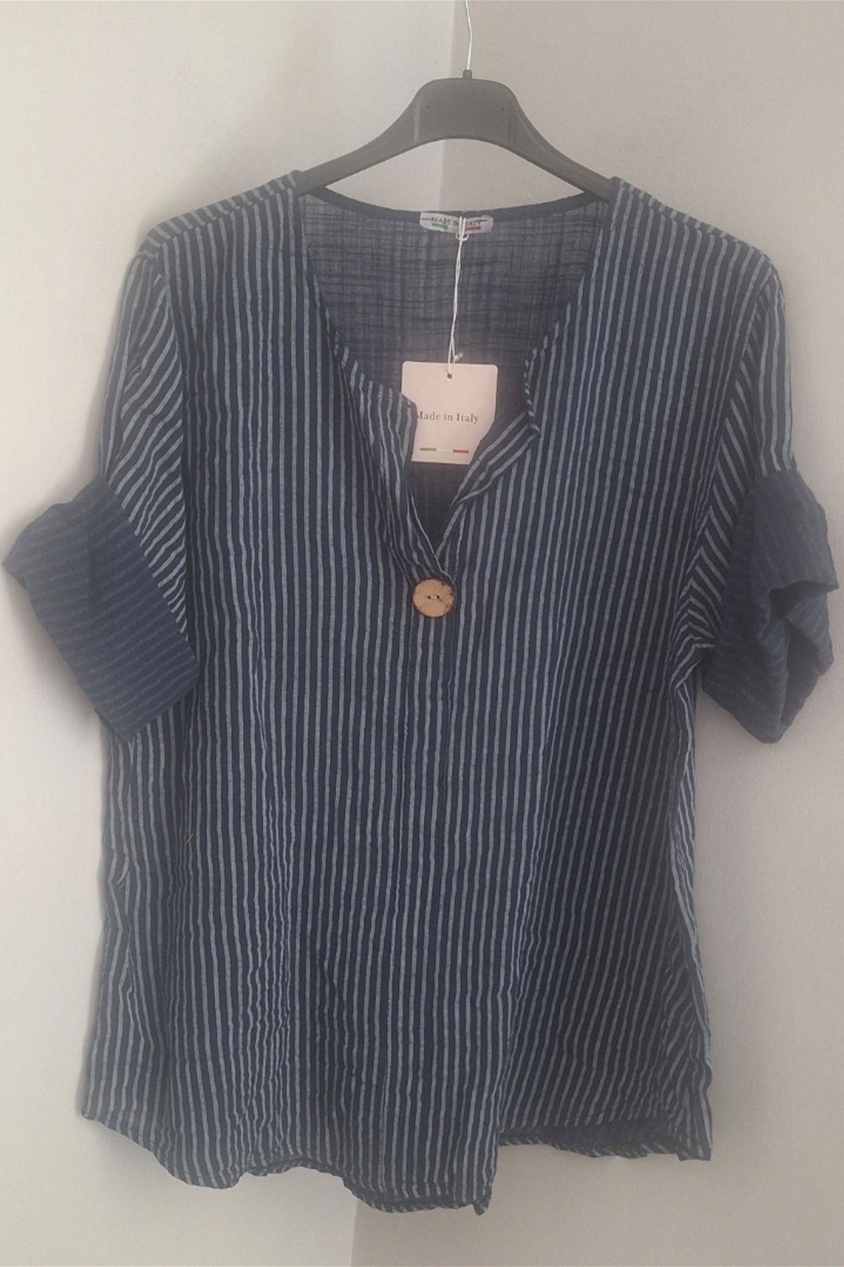 AYASOFYA OTANTIK Kadın Italyan Lacivert Çizgili 3/4 Kollu Oversize Salaş %100 Pamuk Bluz Tunik
