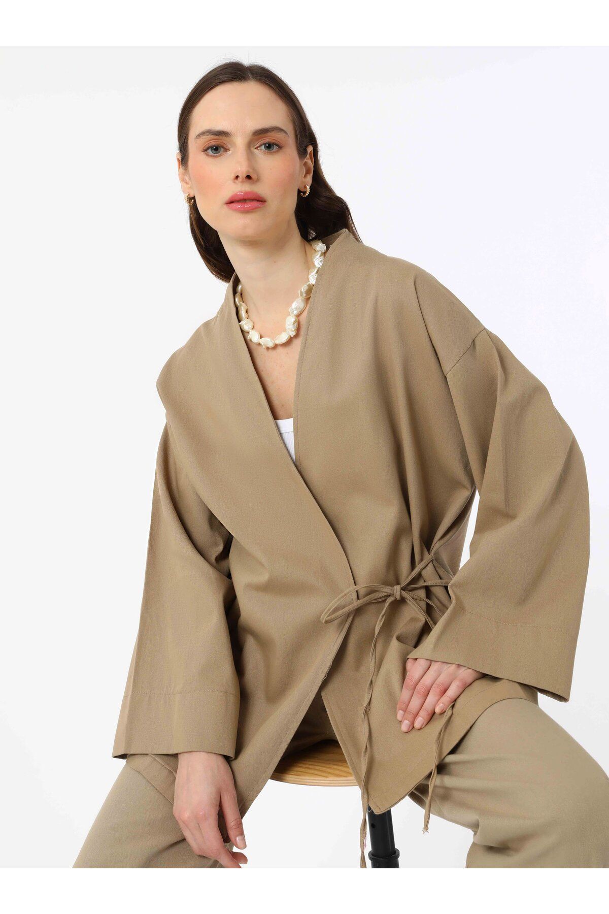 Benin Kruvaze Bağlamalı %100 Pamuk Kimono - Bej- Benin