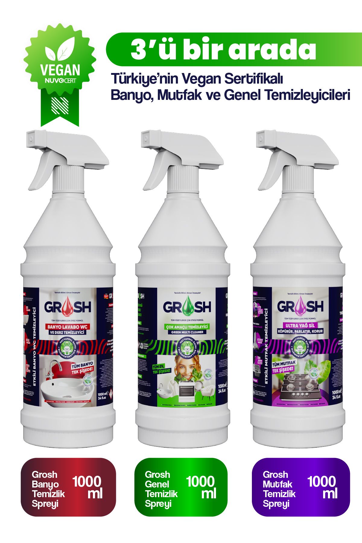 Grosh Vegan Temizleyici Sprey 3'lü Banyo, Mutfak ve Genel Leke Çıkarıcı