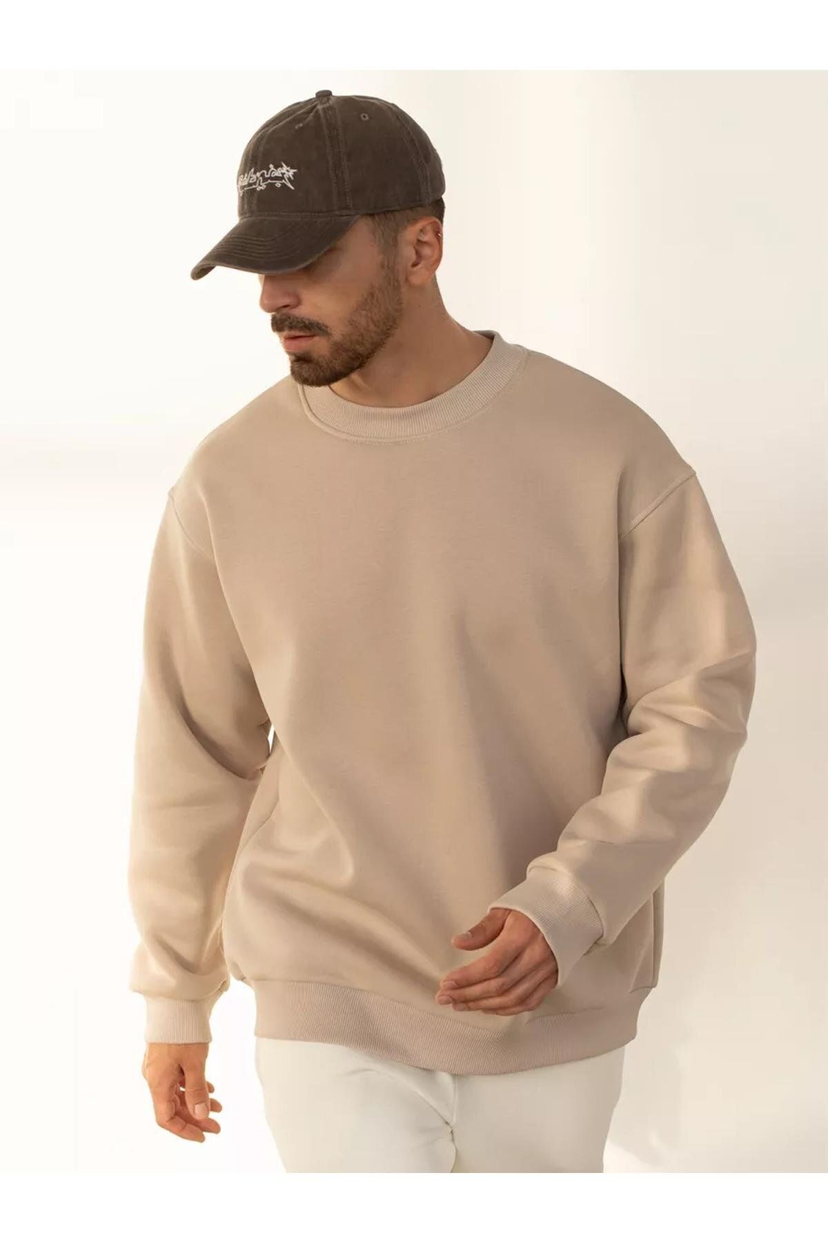 Boi Unisex Basic Bisiklet Yaka Sweatshirt Taş
