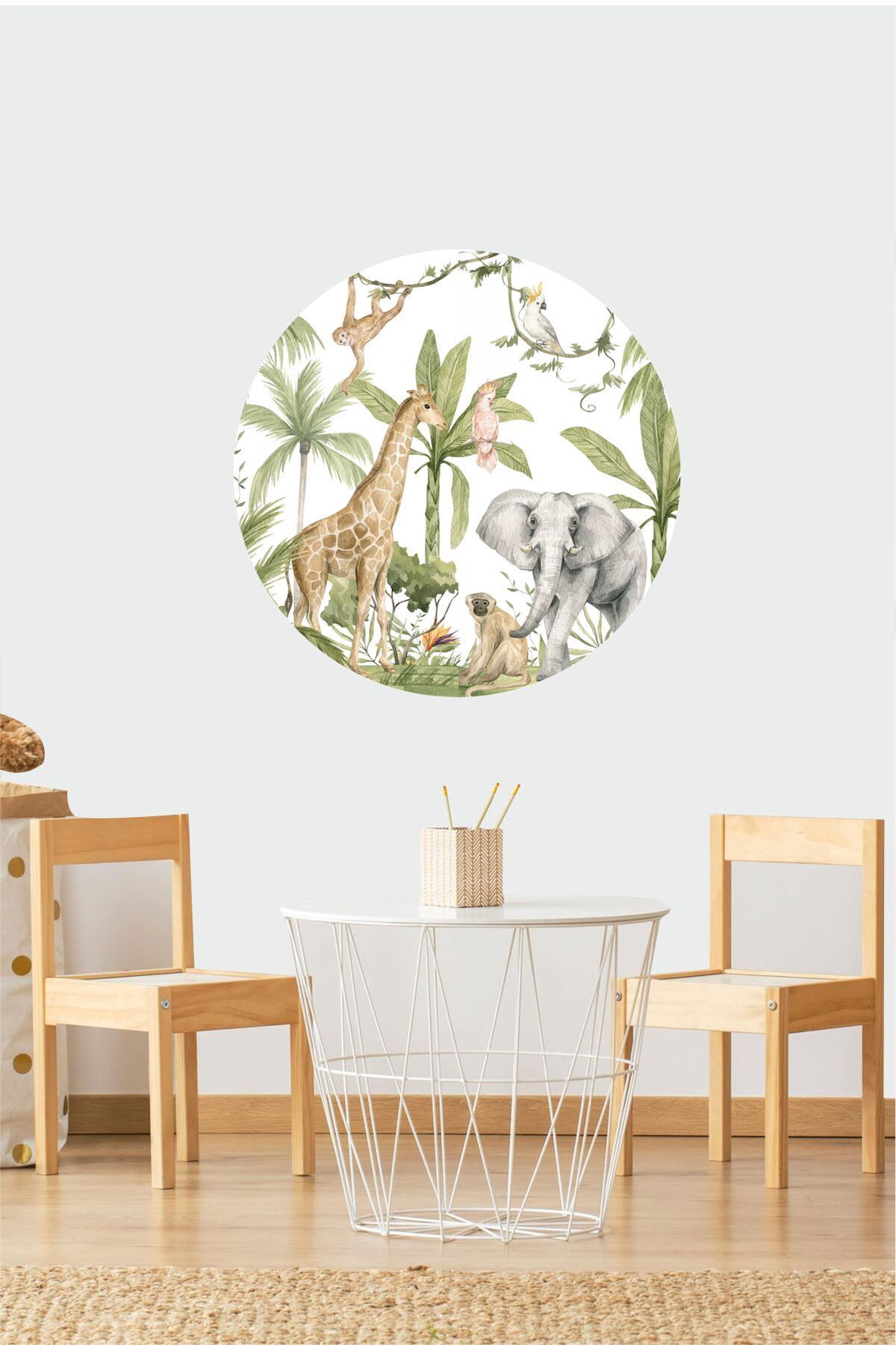 Piksel Grafik Jungle Animals Tam Daire Çocuk Odası, Tropikal Duvar Sticker