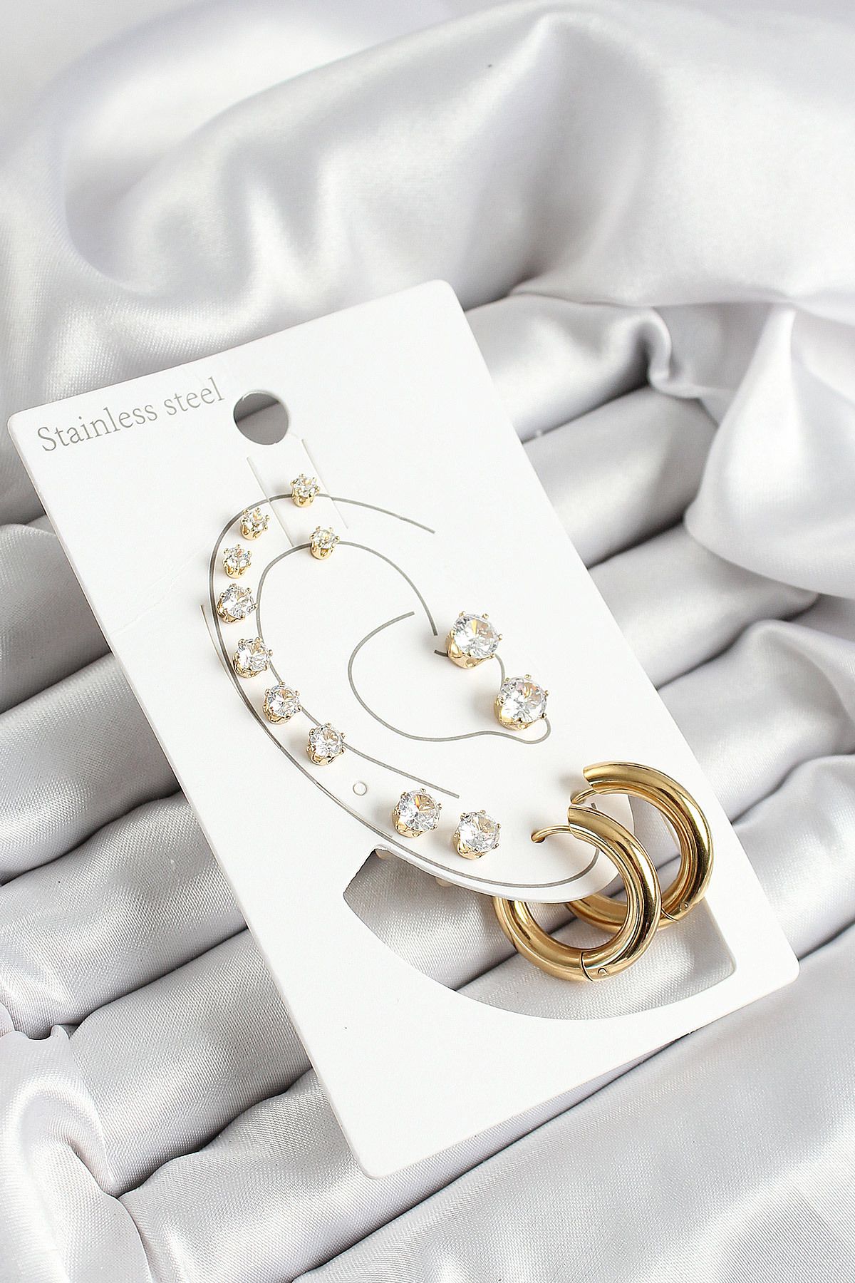 ShopZum 316L Çelik Halka Figürlü Ve Zirkon Taşlı Gold Renk 7'li Çift Kadın Küpe Set