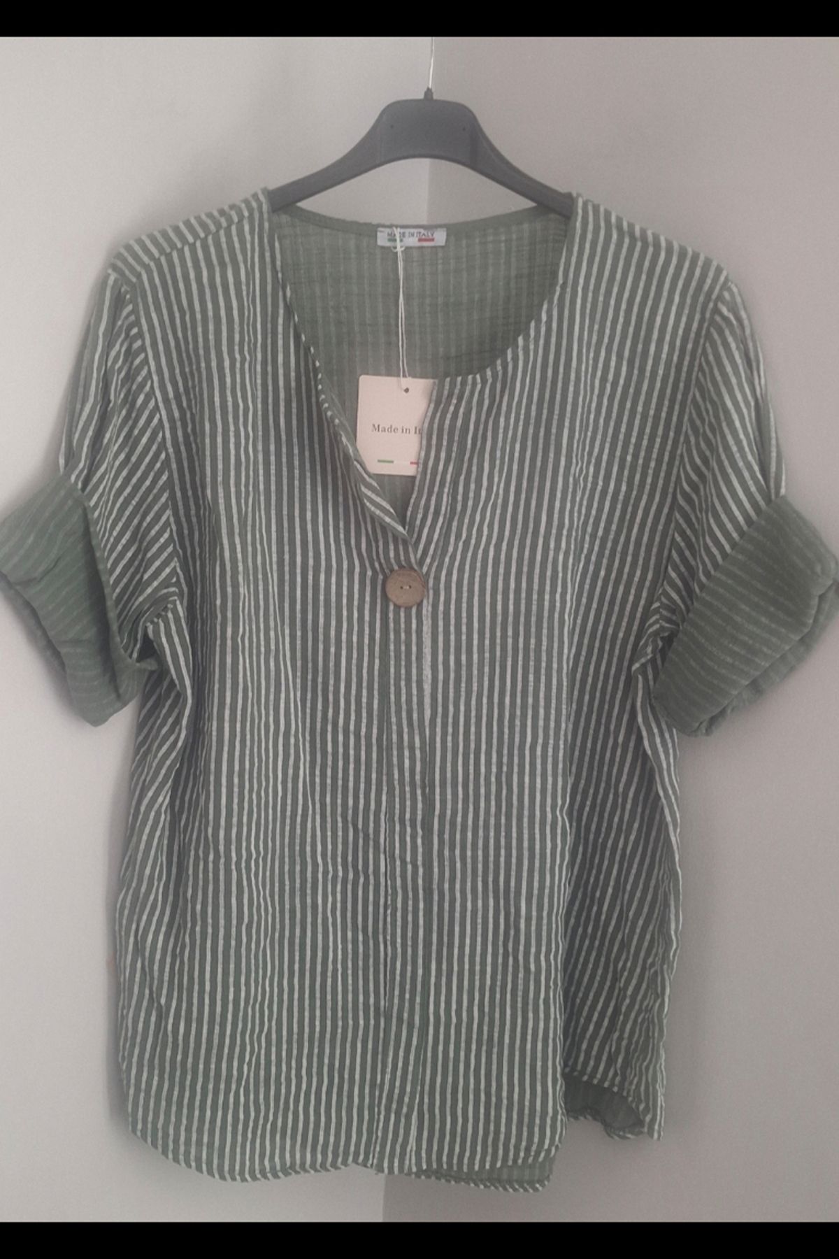 AYASOFYA OTANTIK Kadın Italyan Haki Çizgili 3/4 Kollu Oversize Salaş %100 Pamuk Bluz Tunik