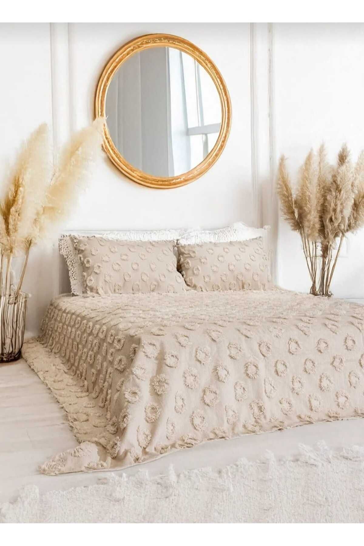 d'niss home touch of nature in your home Ponpon Desenli 3 Parça Çift Kişilik Yatak Örtüsü
