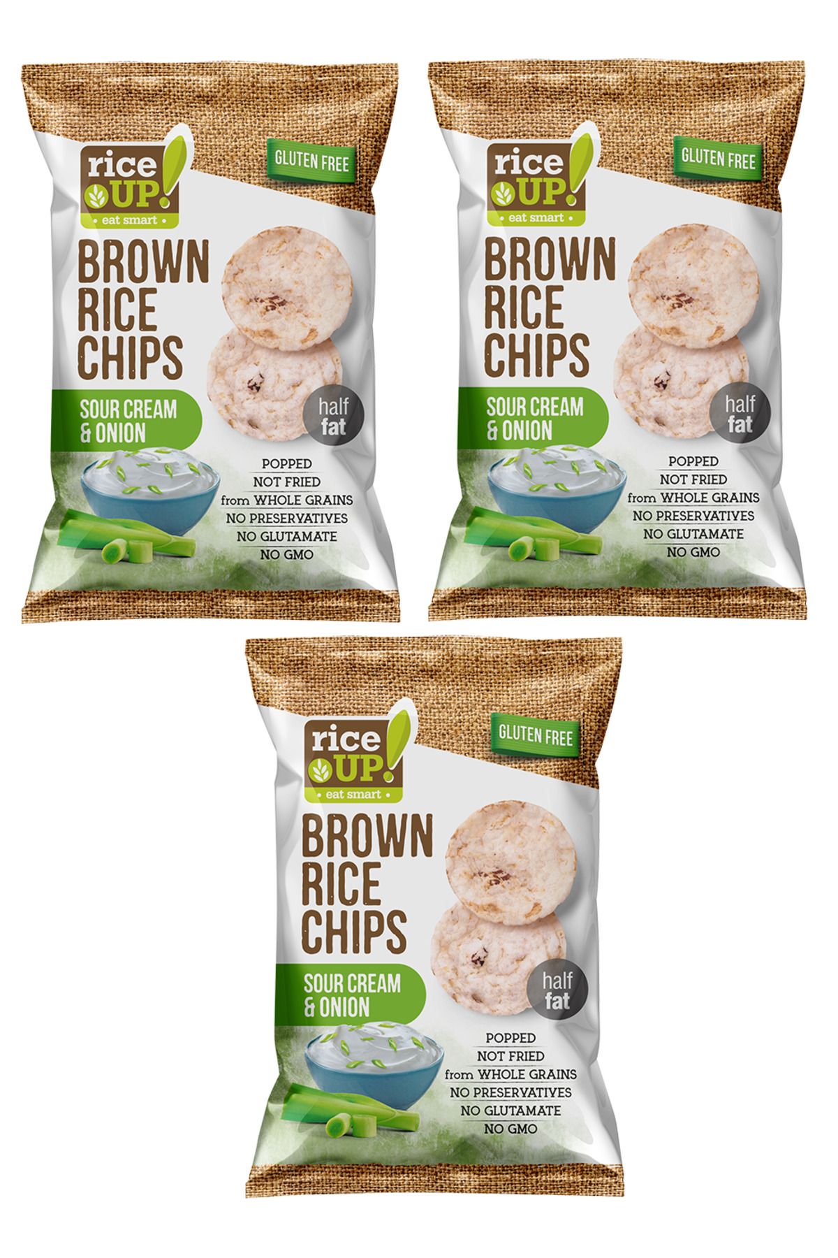 Rice Up 3 Adet Glutensiz Sour Cream and Onion, Brown Rice Chips 60g