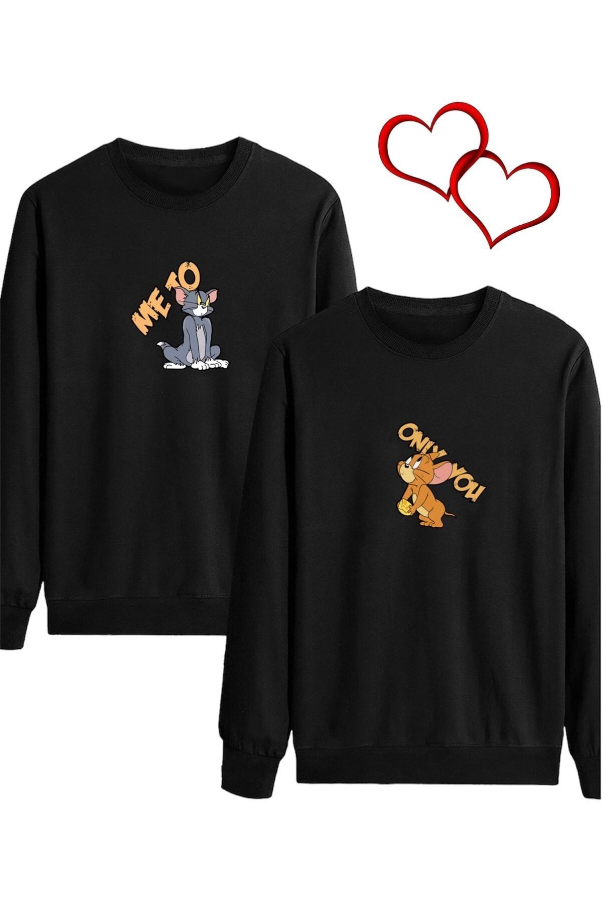 Boi Me To Tom Only You Jerry Sevgili Çift Kombin - Siyah Baskılı Oversize Bisiklet Yaka Sweatshirt